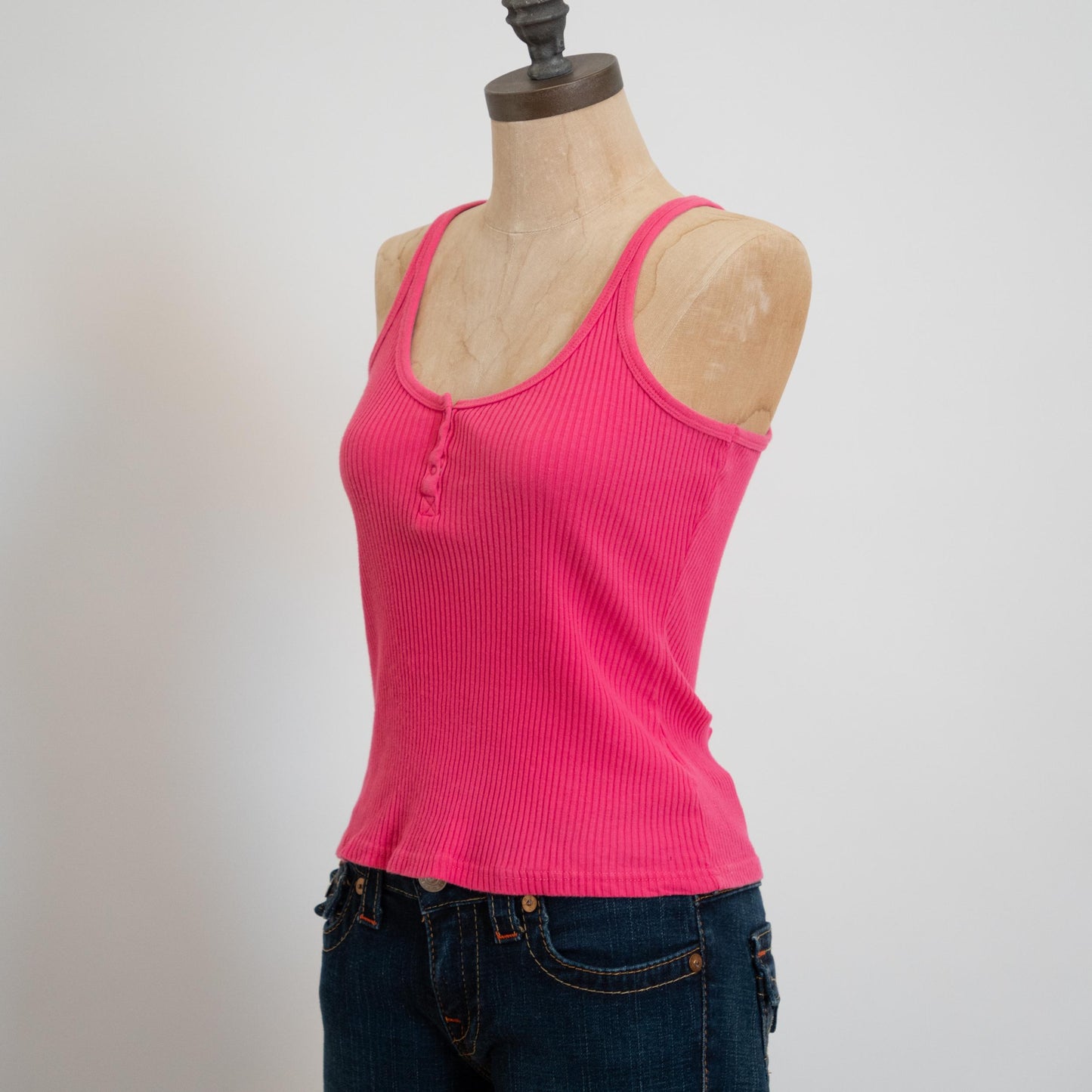 Vintage 90s Hot Pink Ribbed Tank Top - Small Medium | Cotton Sleeveless Henley Tank