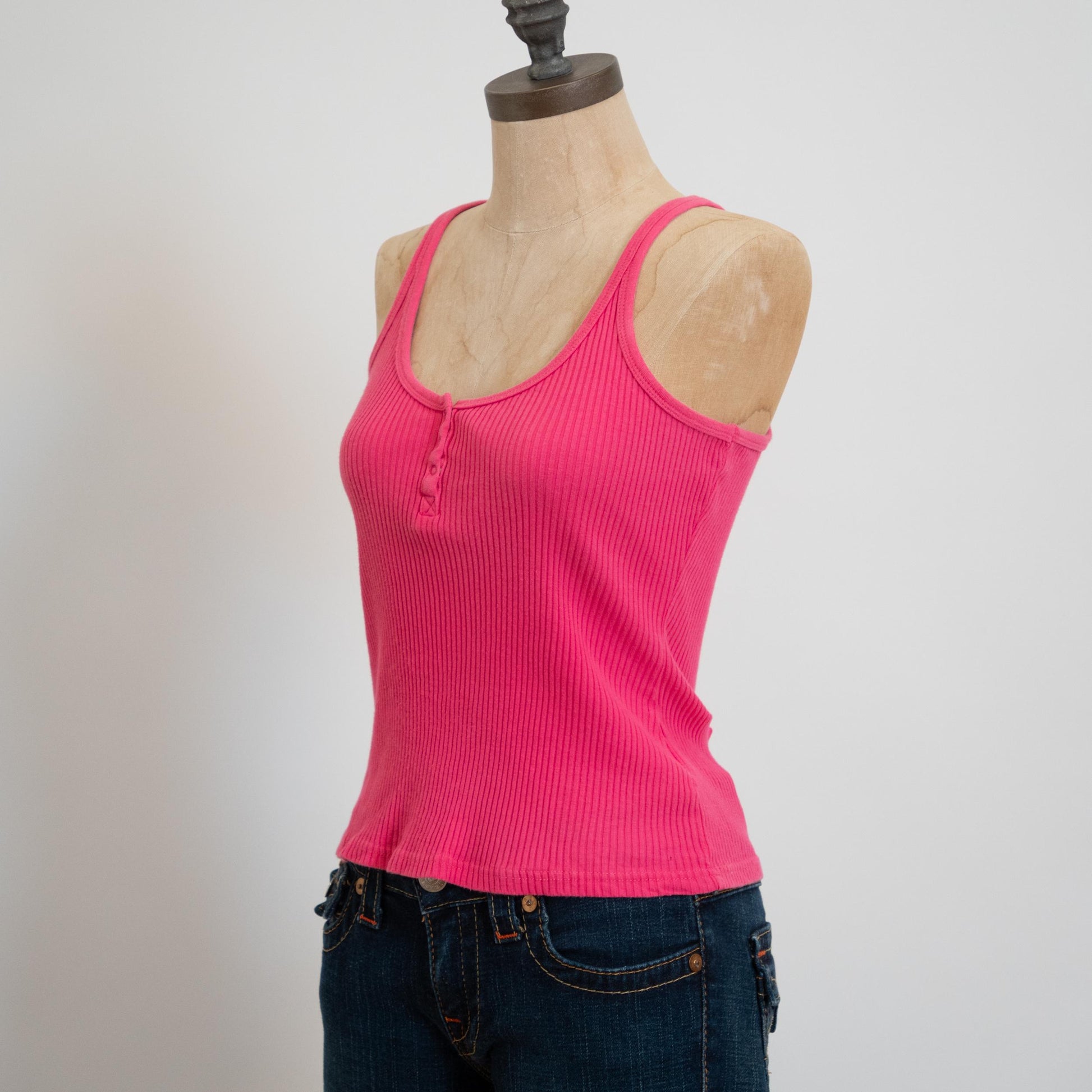 Vintage 90s Hot Pink Ribbed Tank Top - Small Medium | Cotton Sleeveless Henley Tank