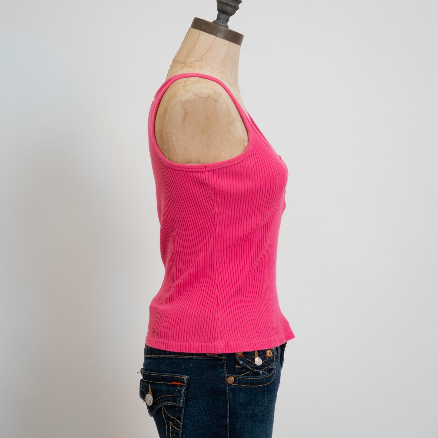 Vintage 90s Hot Pink Ribbed Tank Top - Small Medium | Cotton Sleeveless Henley Tank