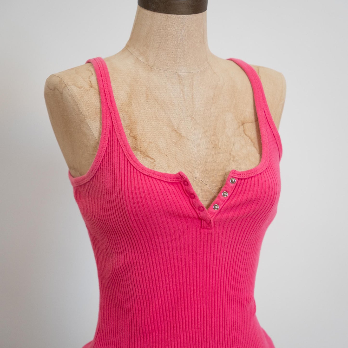 Vintage 90s Hot Pink Ribbed Tank Top - Small Medium | Cotton Sleeveless Henley Tank