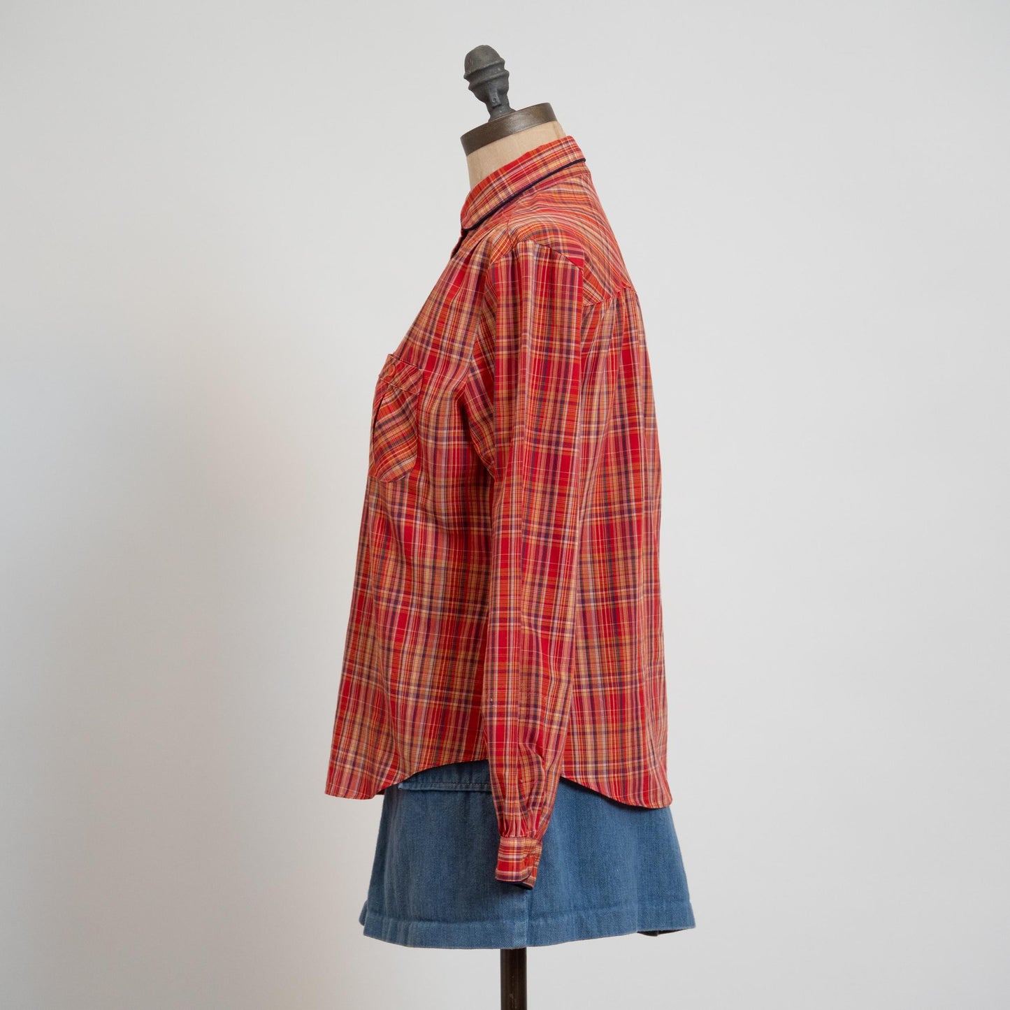 Vintage 70s Tomato Red Plaid Peter Pan Collar Shirt - Medium | Western Long Sleeve Collared Top