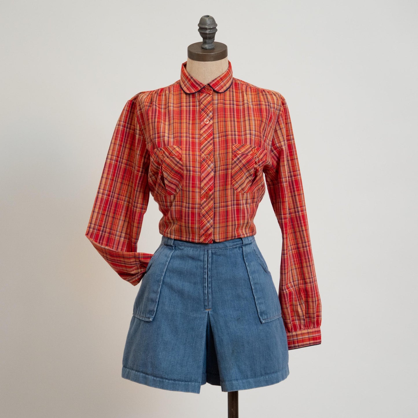 Vintage 70s Tomato Red Plaid Peter Pan Collar Shirt - Medium | Western Long Sleeve Collared Top