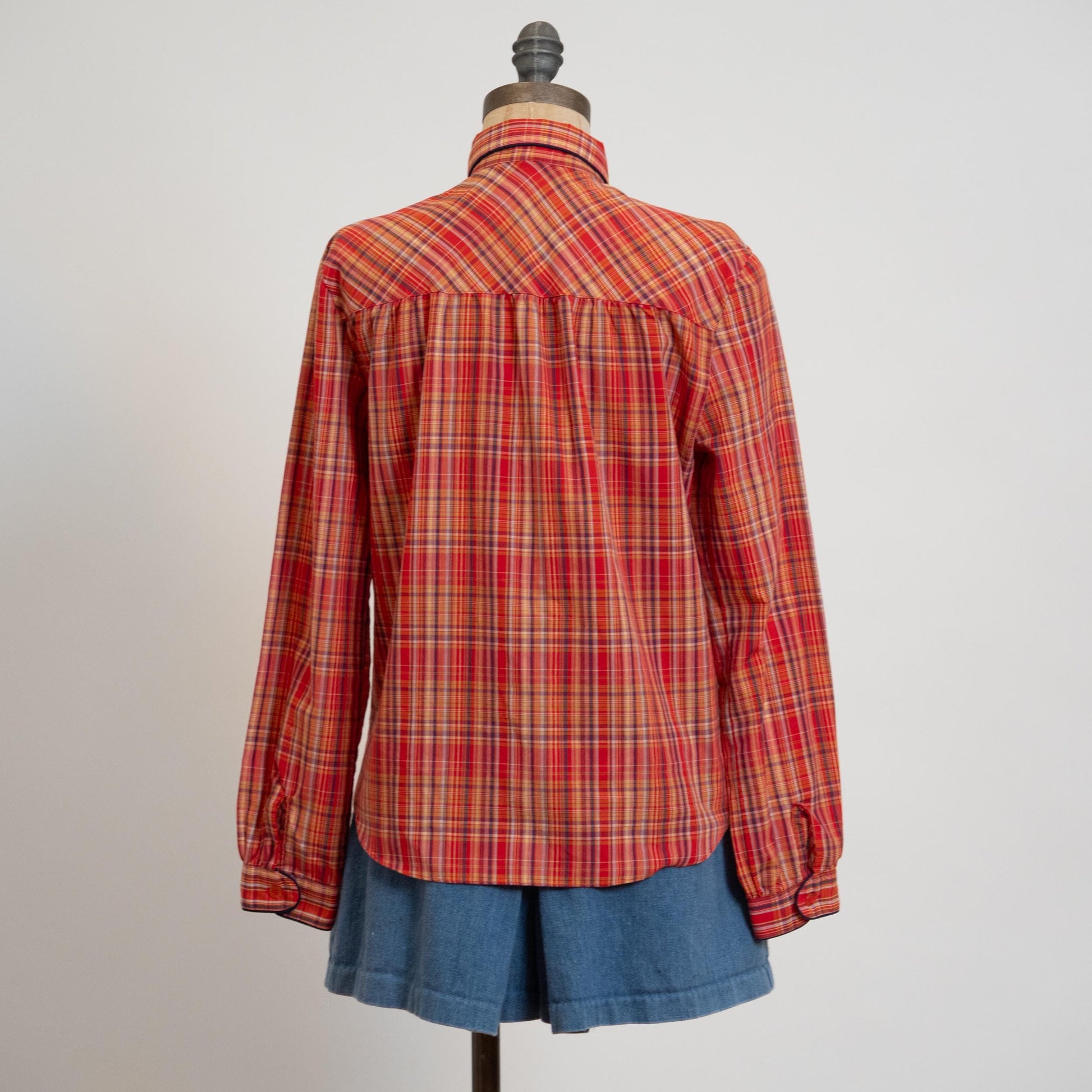 Vintage 70s Tomato Red Plaid Peter Pan Collar Shirt - Medium | Western Long Sleeve Collared Top