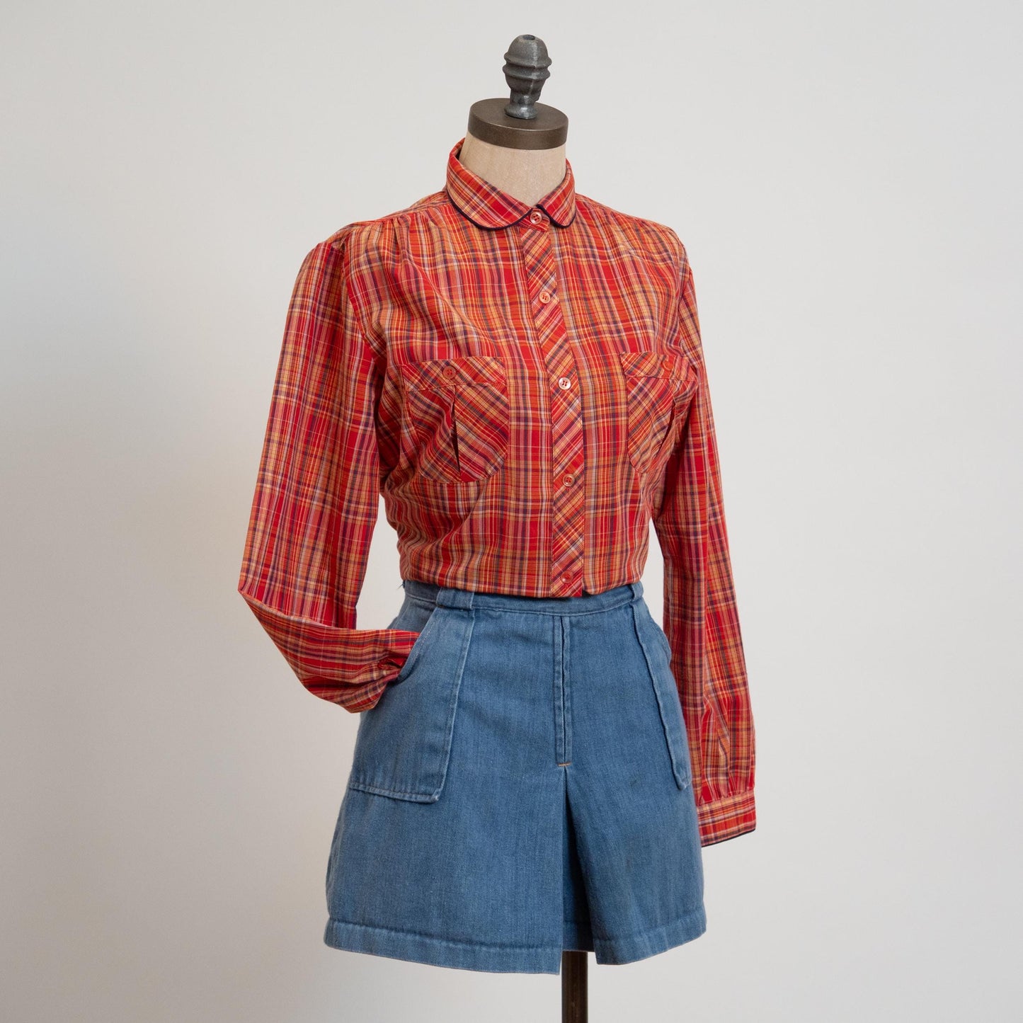 Vintage 70s Tomato Red Plaid Peter Pan Collar Shirt - Medium | Western Long Sleeve Collared Top