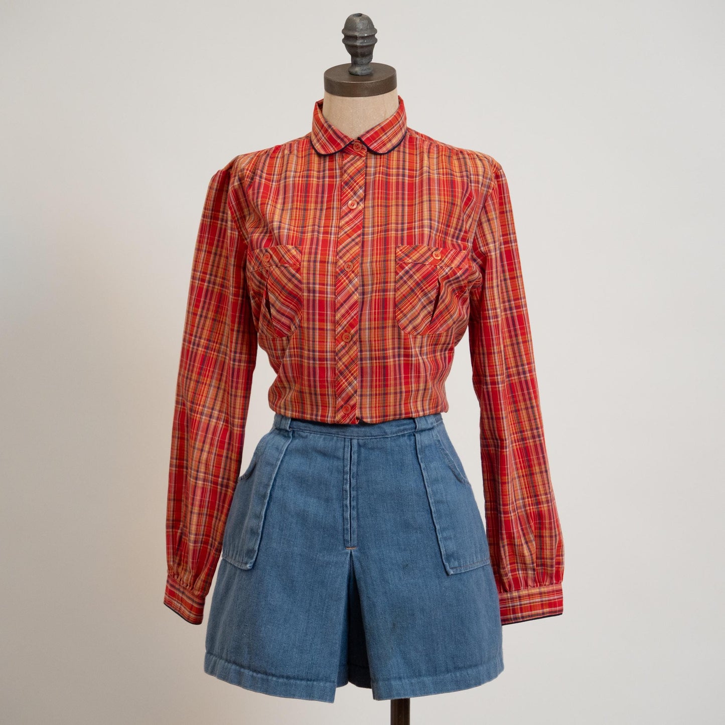 Vintage 70s Tomato Red Plaid Peter Pan Collar Shirt - Medium | Western Long Sleeve Collared Top