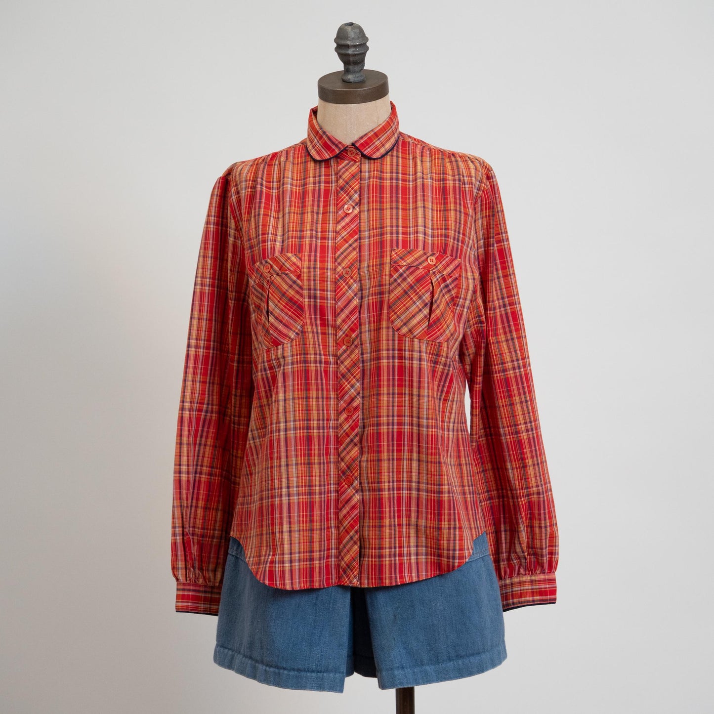 Vintage 70s Tomato Red Plaid Peter Pan Collar Shirt - Medium | Western Long Sleeve Collared Top