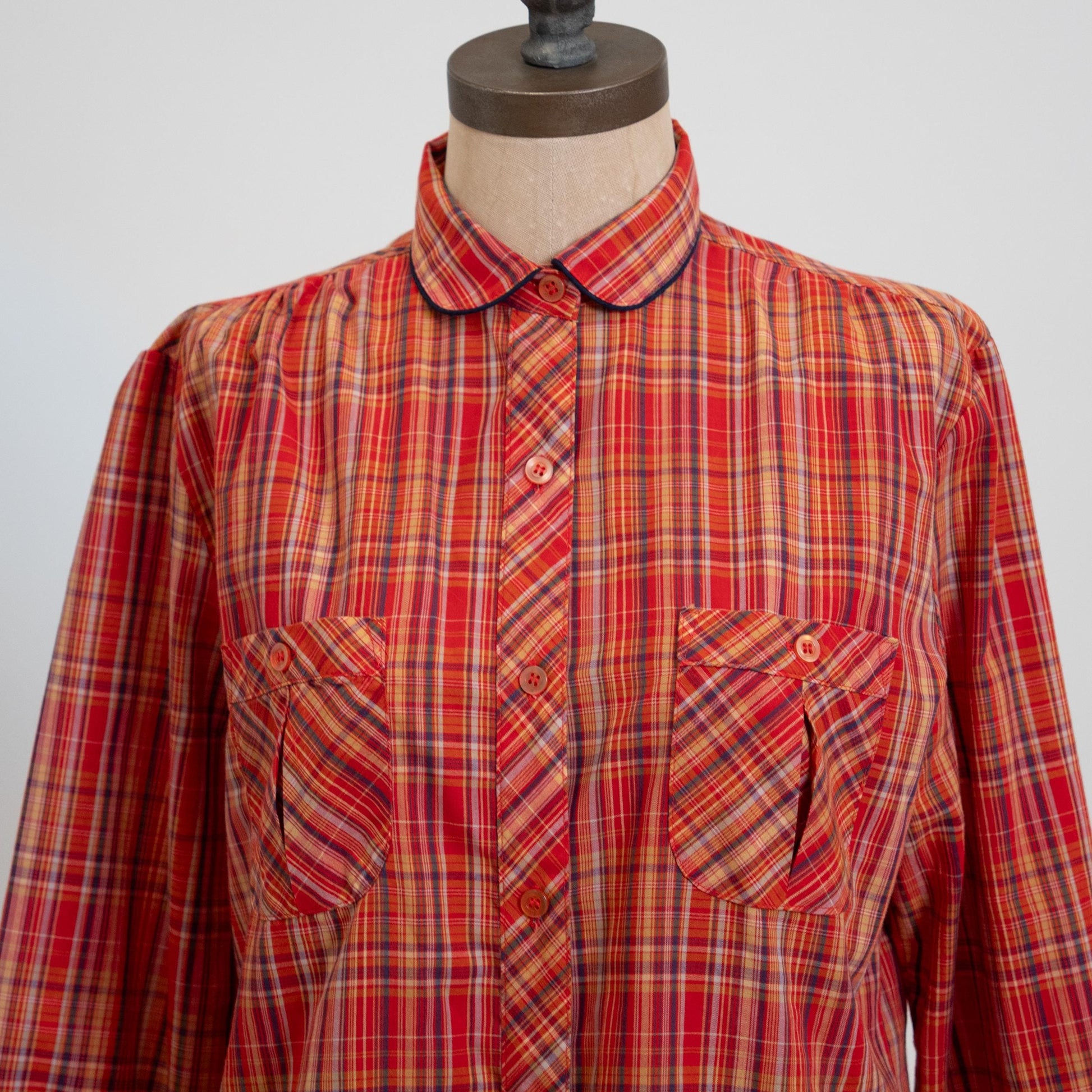 Vintage 70s Tomato Red Plaid Peter Pan Collar Shirt - Medium | Western Long Sleeve Collared Top