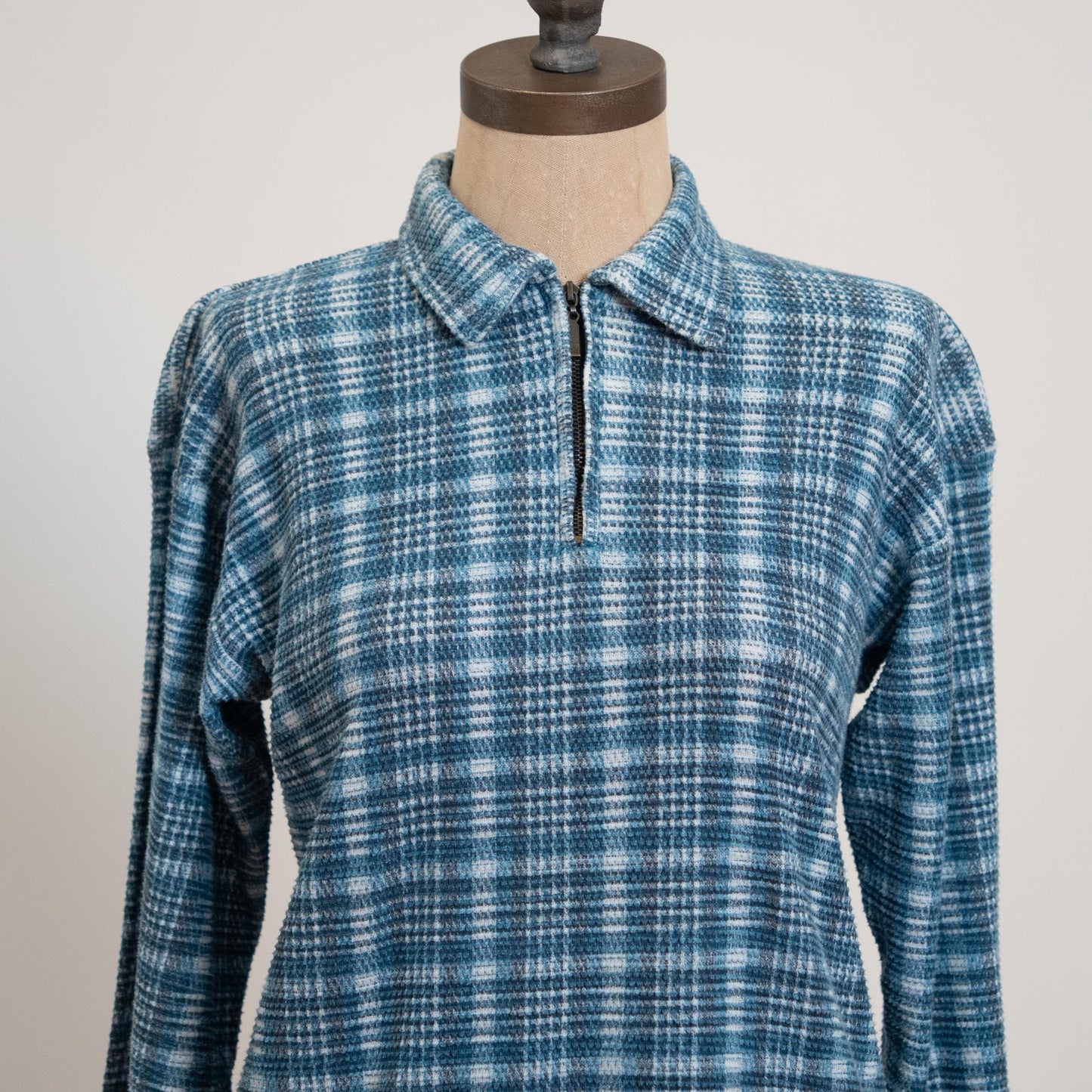 Vintage 90s Blue Plaid Waffle Knit Quarter Zip Shirt - Medium | Cotton Blend Long Sleeve Slouchy Grunge Top
