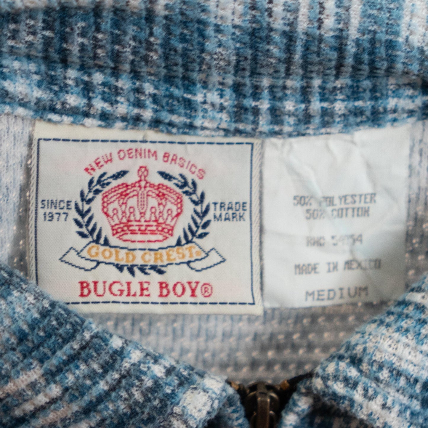 Vintage 90s Blue Plaid Waffle Knit Quarter Zip Shirt - Medium | Cotton Blend Long Sleeve Slouchy Grunge Top