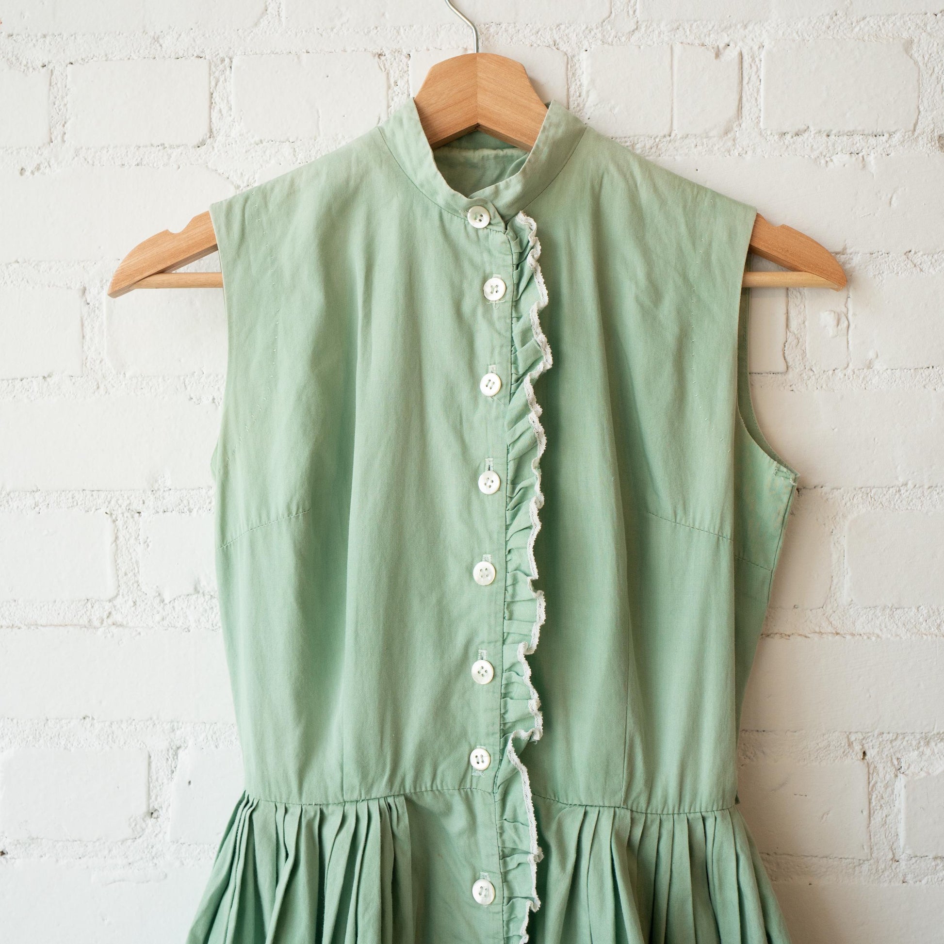 Vintage 1950s Mint Green Pastel Shirtdress - XXS | Retro 50s Sleeveless Midi Day Dress