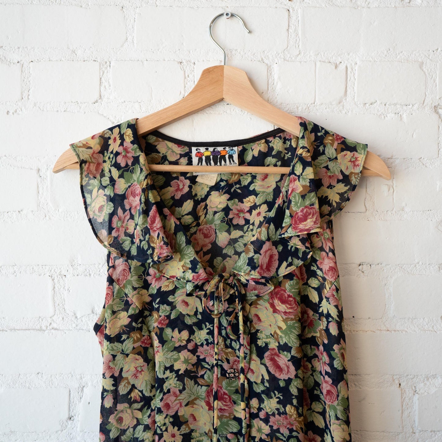 Vintage 90s Grunge Sheer Floral Ruffle Collar Dress - Medium to Large | Green Pink Sleeveless Sundress