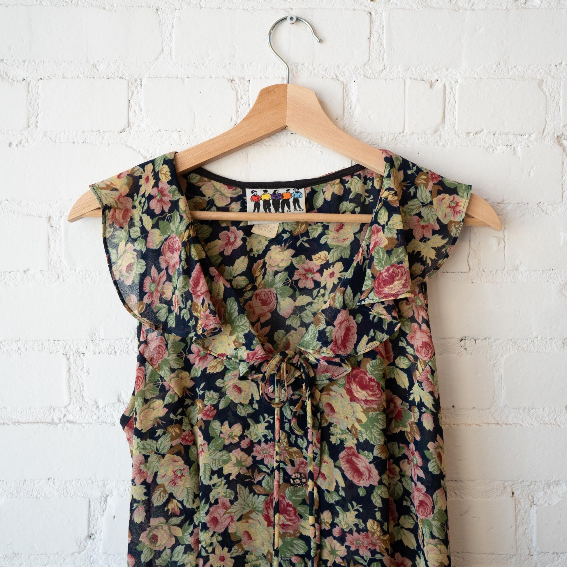Vintage 90s Grunge Sheer Floral Ruffle Collar Dress - Medium to Large | Green Pink Sleeveless Sundress