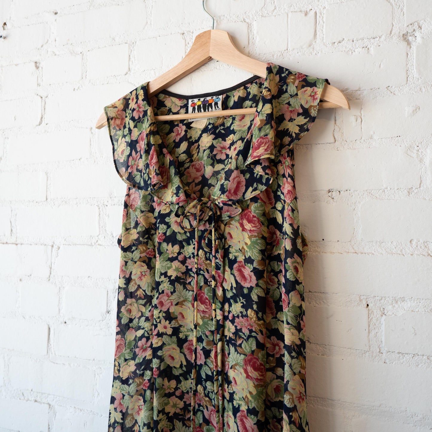 Vintage 90s Grunge Sheer Floral Ruffle Collar Dress - Medium to Large | Green Pink Sleeveless Sundress