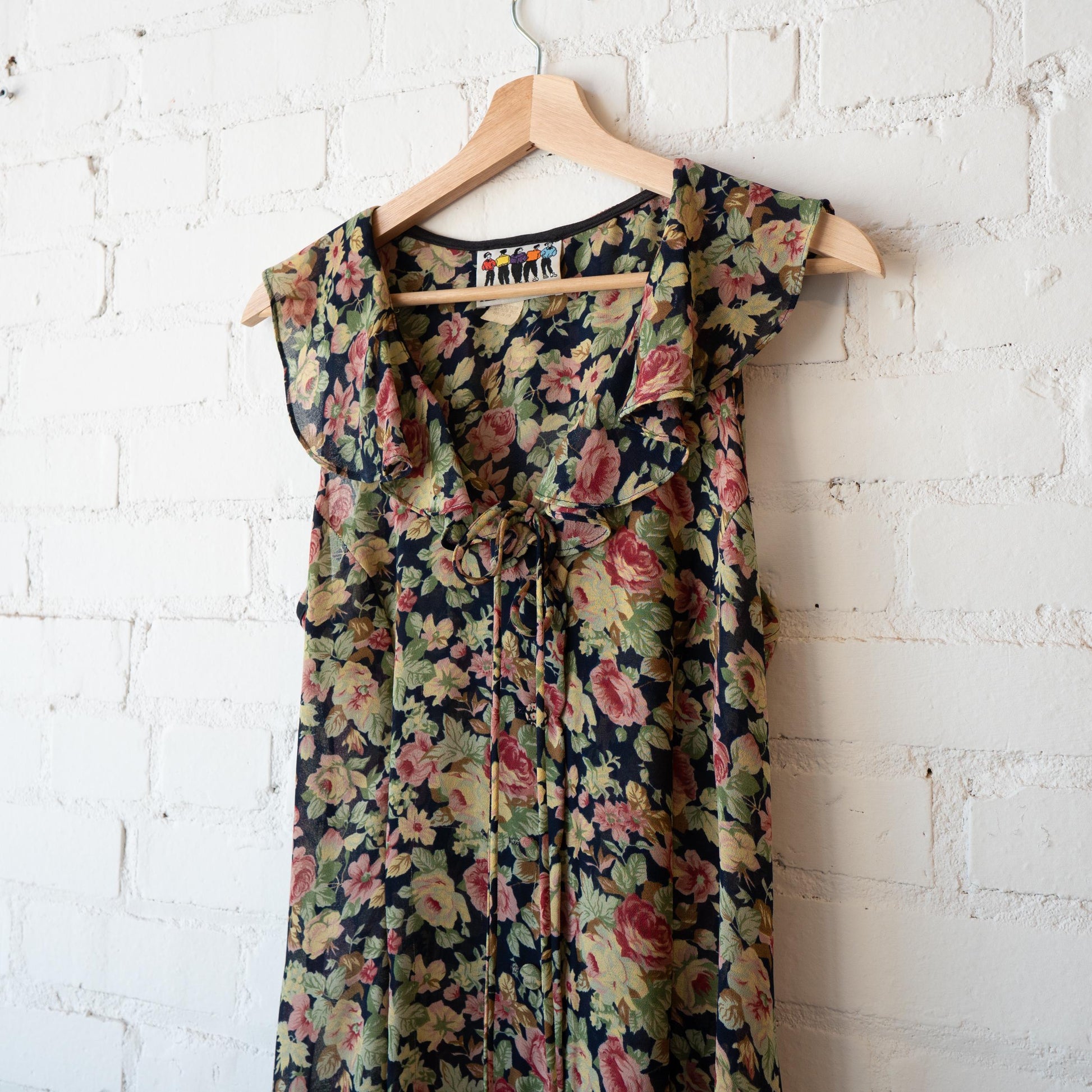 Vintage 90s Grunge Sheer Floral Ruffle Collar Dress - Medium to Large | Green Pink Sleeveless Sundress