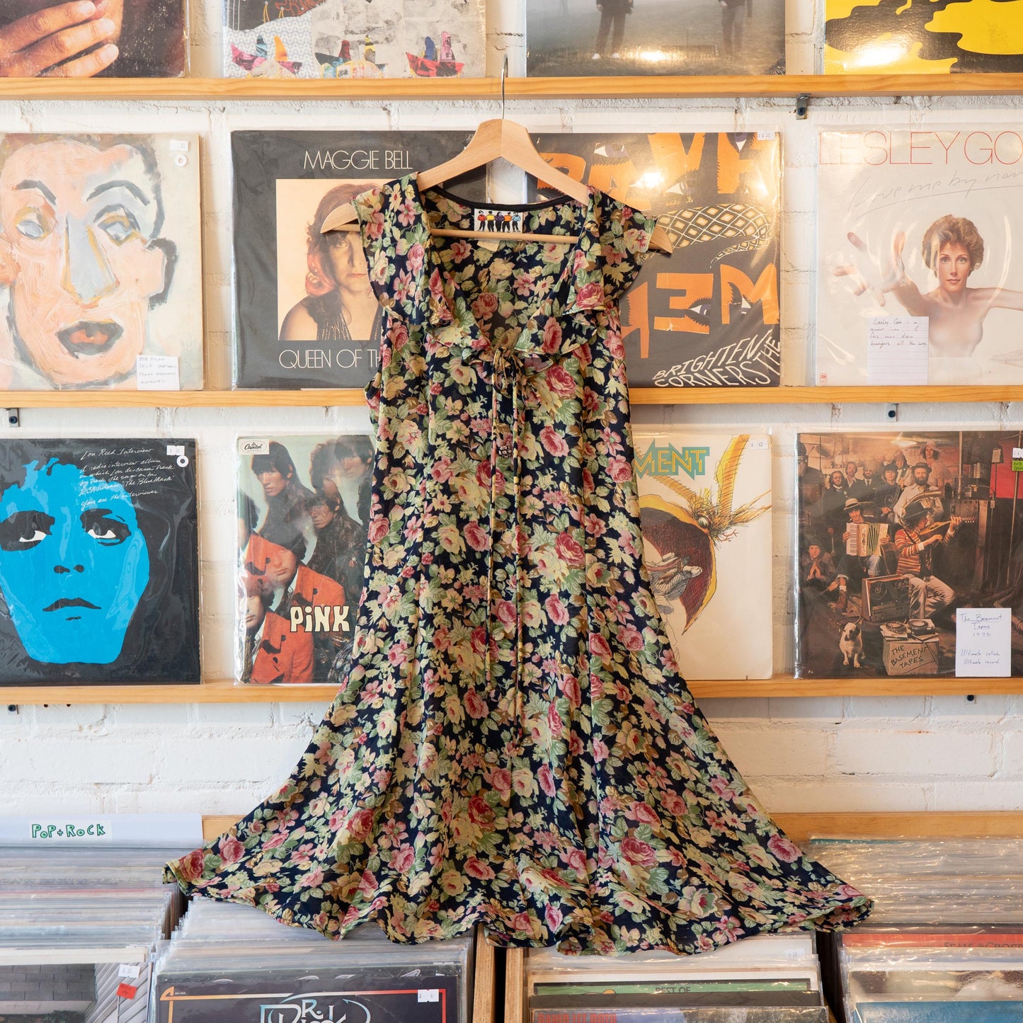 Vintage 90s Grunge Sheer Floral Ruffle Collar Dress - Medium to Large | Green Pink Sleeveless Sundress