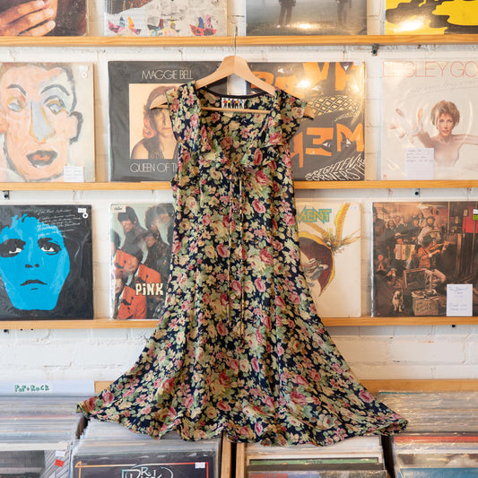 Vintage 90s Grunge Sheer Floral Ruffle Collar Dress - Medium to Large | Green Pink Sleeveless Sundress