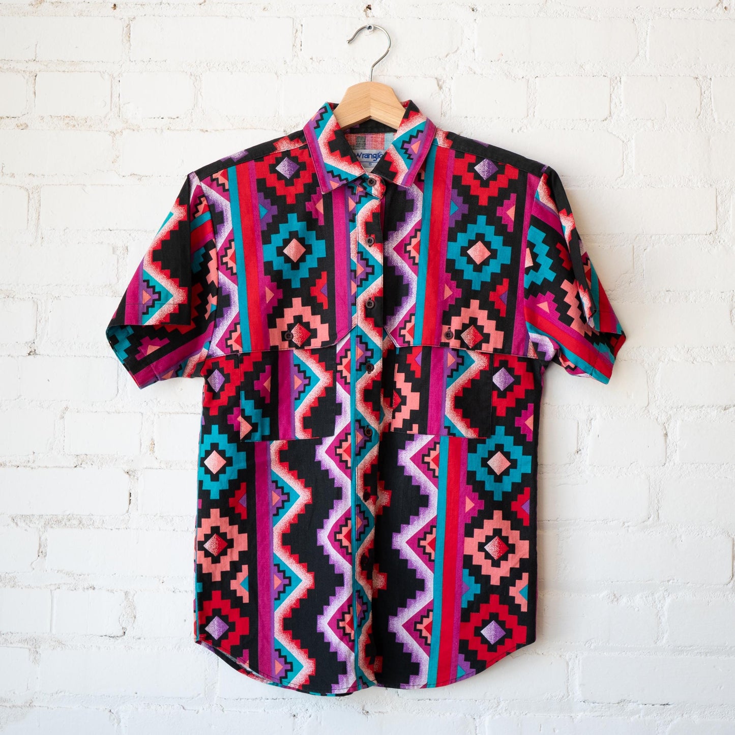 Vintage 90s Wrangler Brushpopper Women's Western Shirt - Small | Pink Black Southwestern Aztec Print Short Sleeve Top