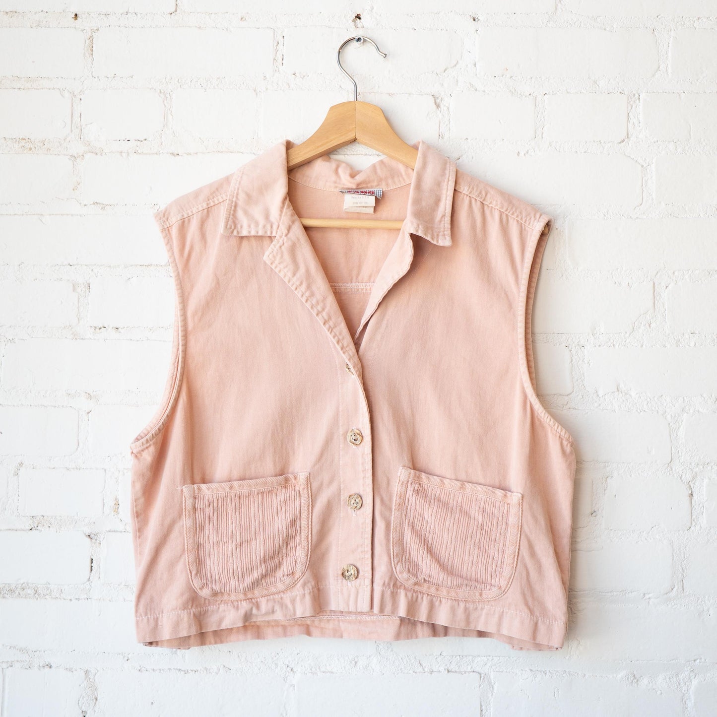 Vintage 90s Peach Pink Cotton Cargo Crop Top - Large | Button Up Sleeveless Collared Vest Shirt