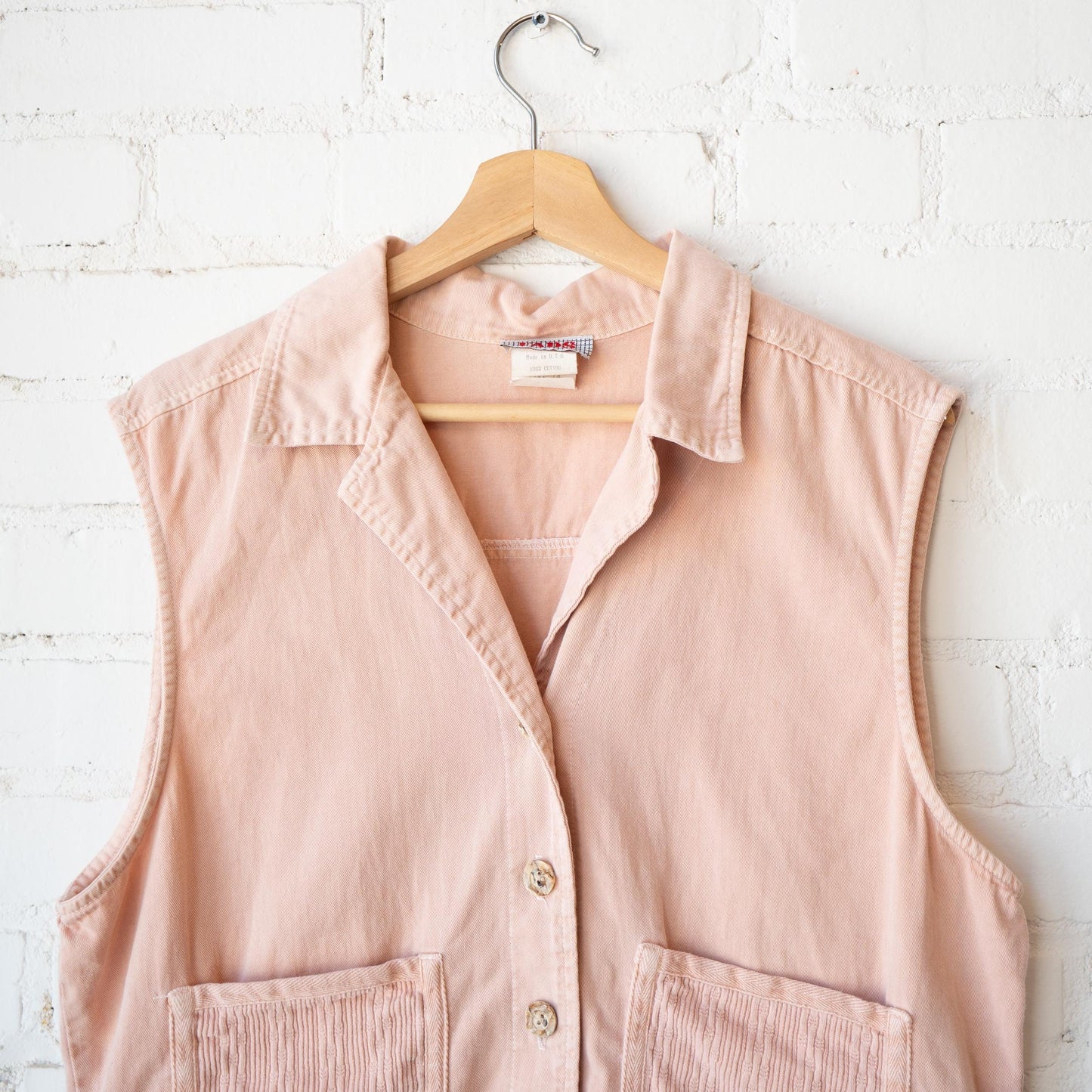 Vintage 90s Peach Pink Cotton Cargo Crop Top - Large | Button Up Sleeveless Collared Vest Shirt