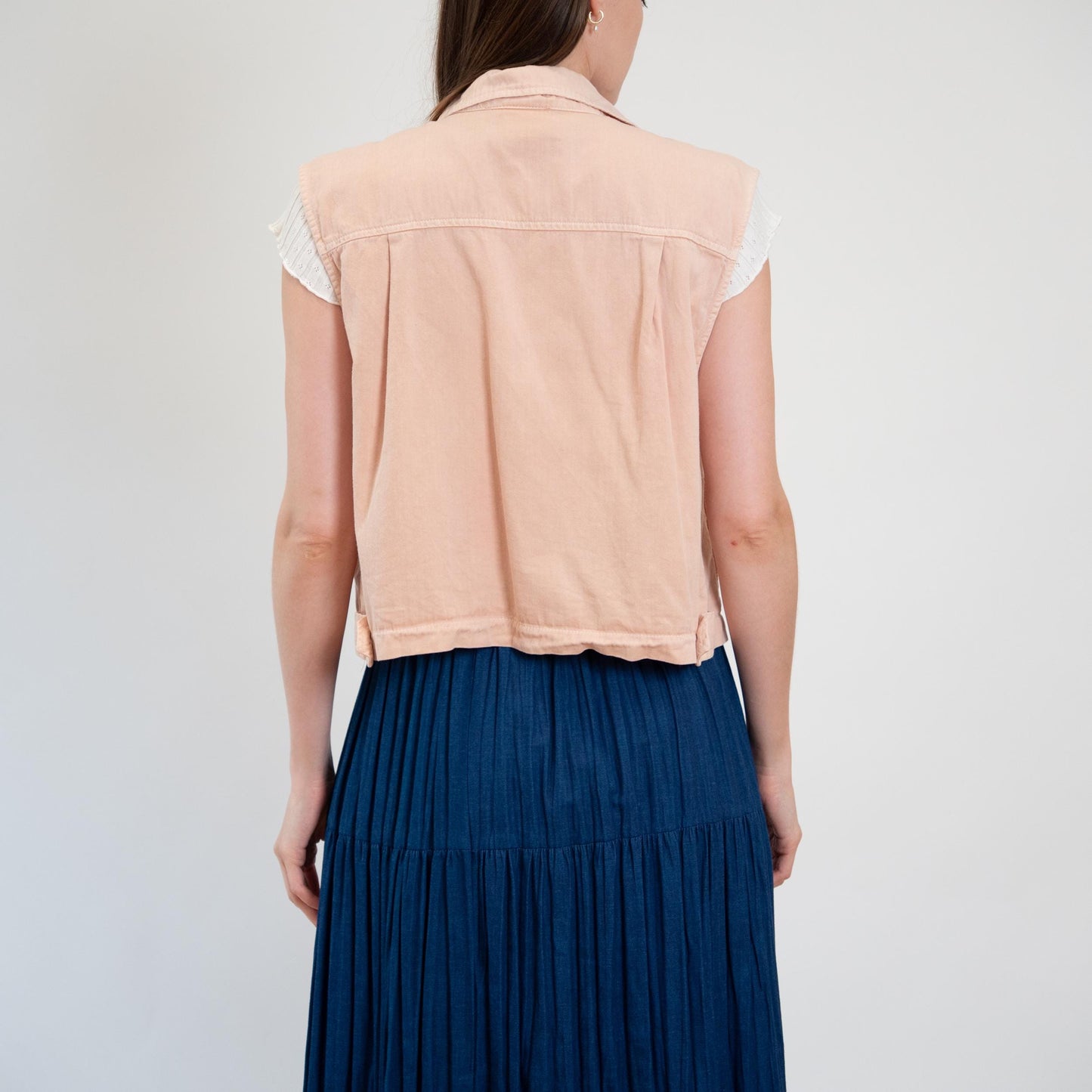 Vintage 90s Peach Pink Cotton Cargo Crop Top - Large | Button Up Sleeveless Collared Vest Shirt