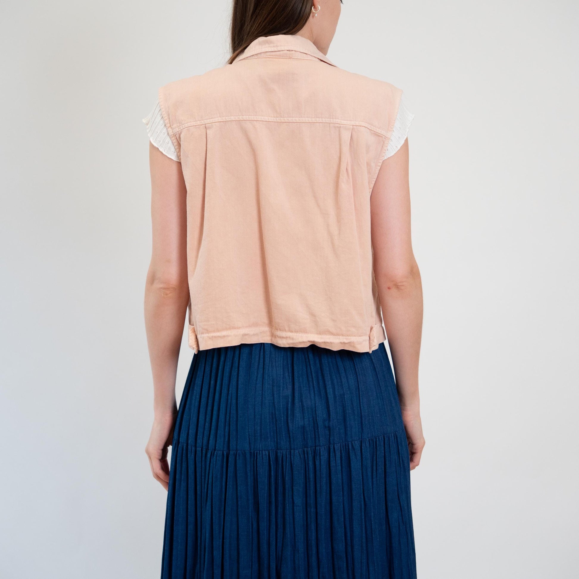 Vintage 90s Peach Pink Cotton Cargo Crop Top - Large | Button Up Sleeveless Collared Vest Shirt