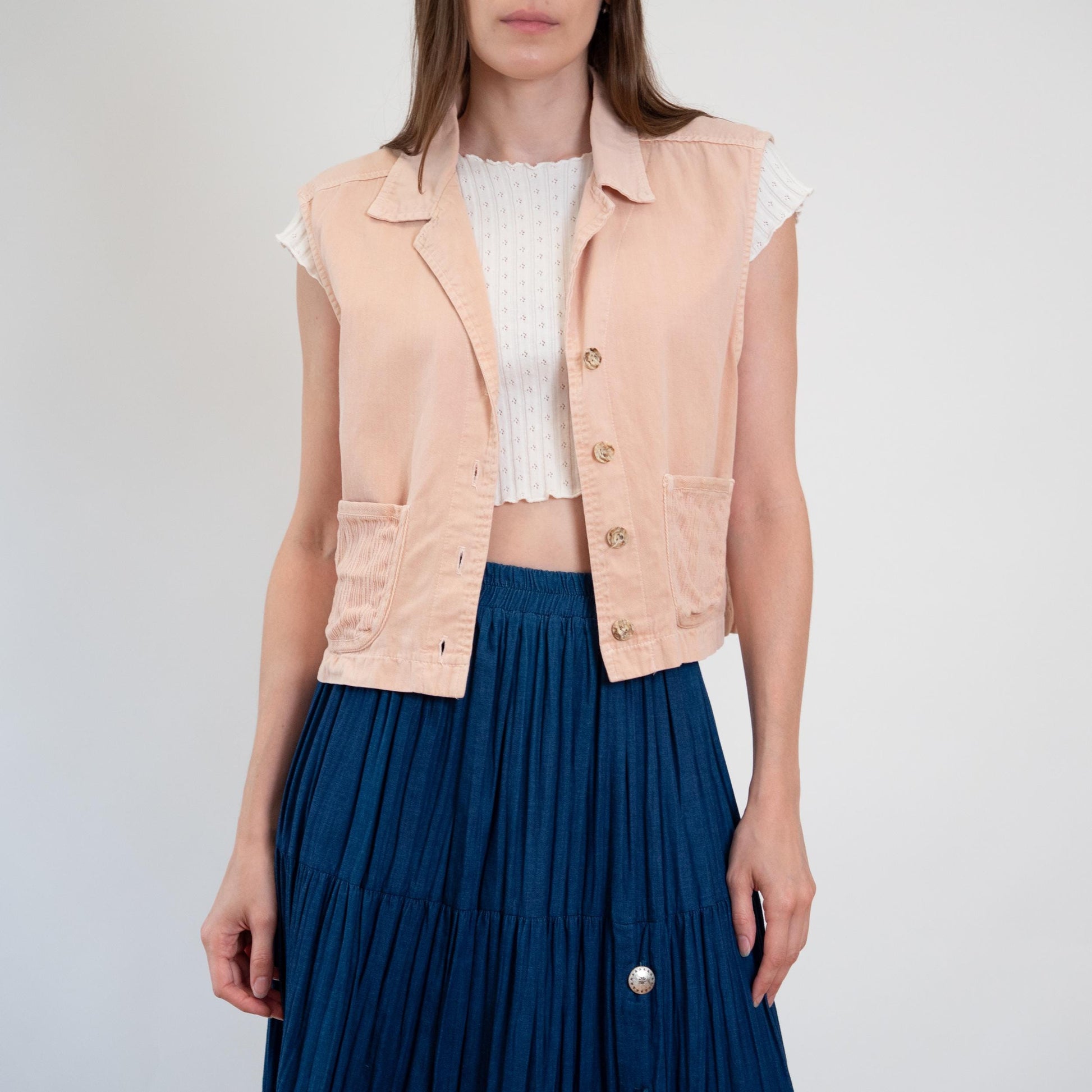 Vintage 90s Peach Pink Cotton Cargo Crop Top - Large | Button Up Sleeveless Collared Vest Shirt