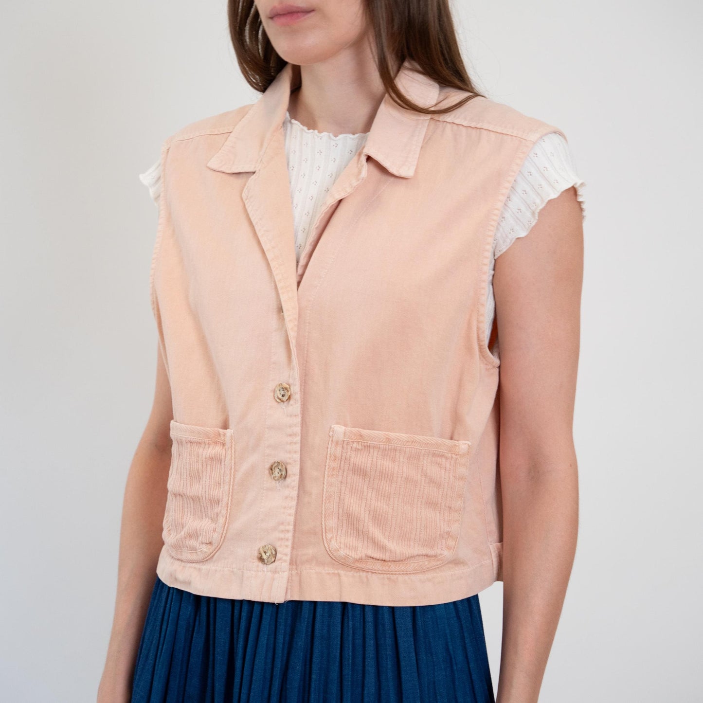 Vintage 90s Peach Pink Cotton Cargo Crop Top - Large | Button Up Sleeveless Collared Vest Shirt