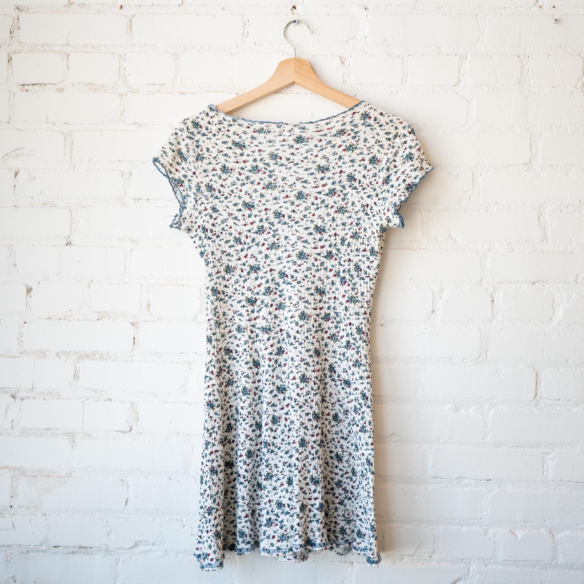 Vintage 90s Calico Floral Babydoll Mini Dress - Small to Medium | Boho White Blue Ribbed Cotton Sundress