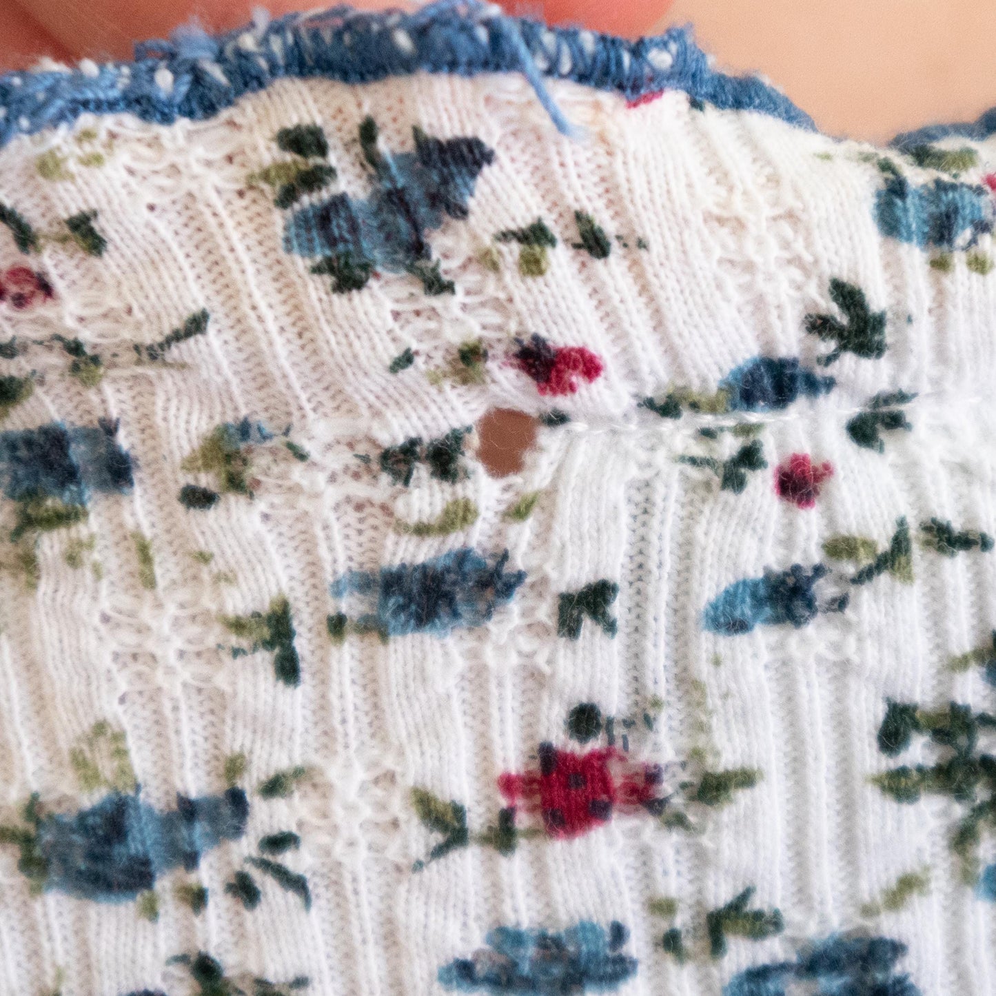 Vintage 90s Calico Floral Babydoll Mini Dress - Small to Medium | Boho White Blue Ribbed Cotton Sundress