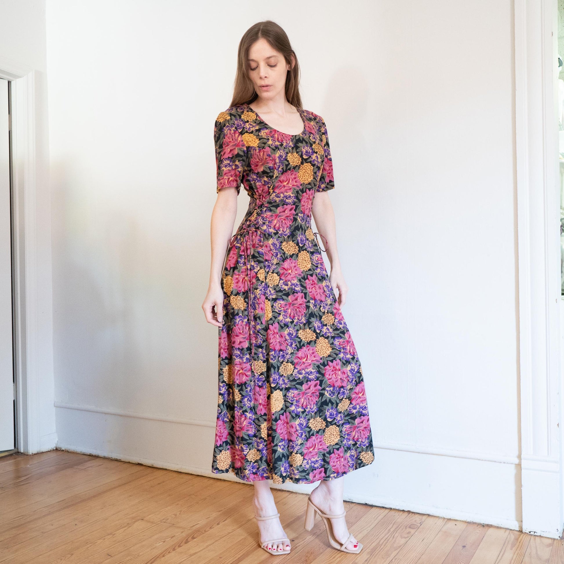 Vintage 90s Floral Corset Side Cinch Maxi Dress – Medium