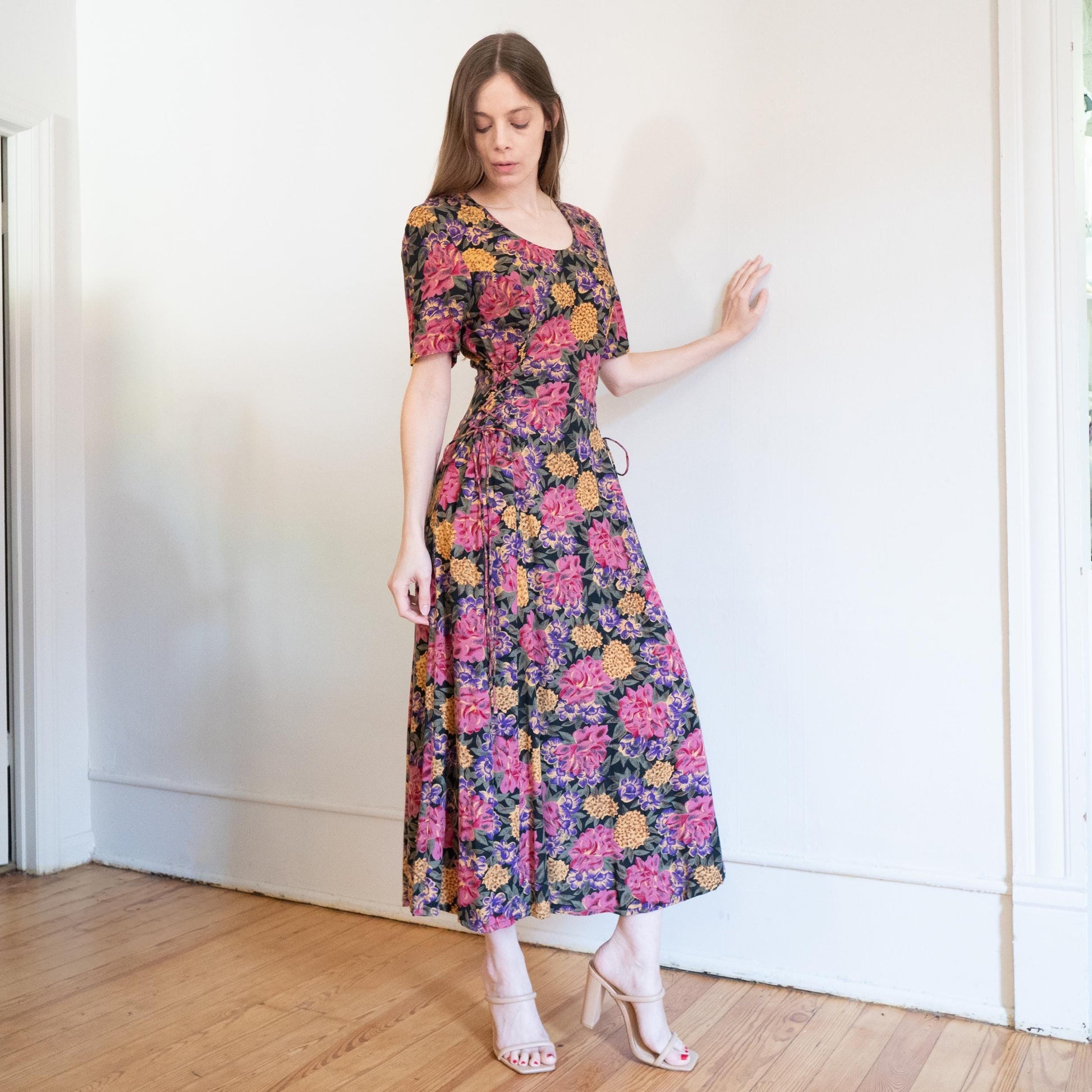 Vintage 90s Floral Corset Side Cinch Maxi Dress – Medium
