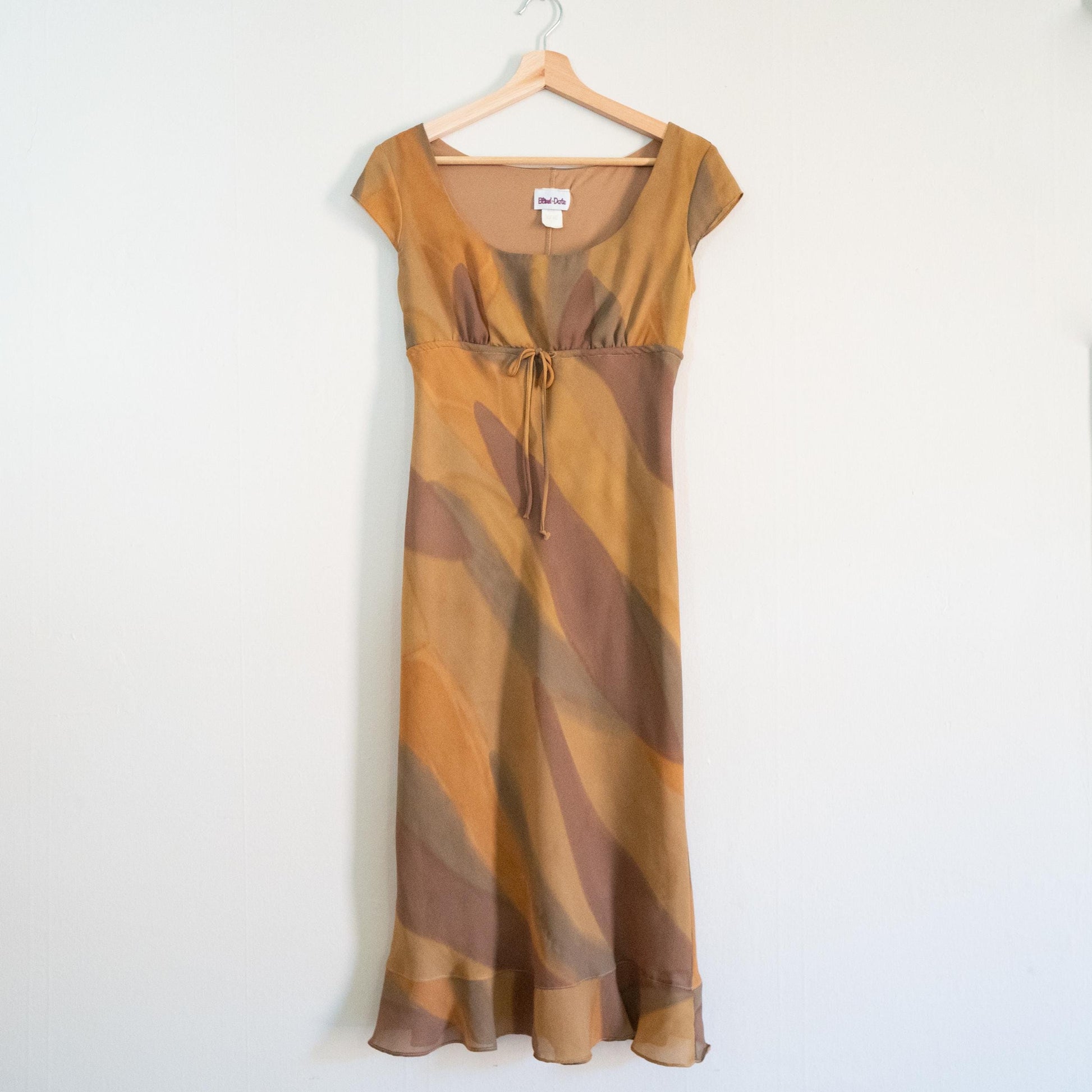 Vintage 90s Marbled Earth Tone Midi Dress - Small | Boho Cap Sleeve Abstract Print Party Dress