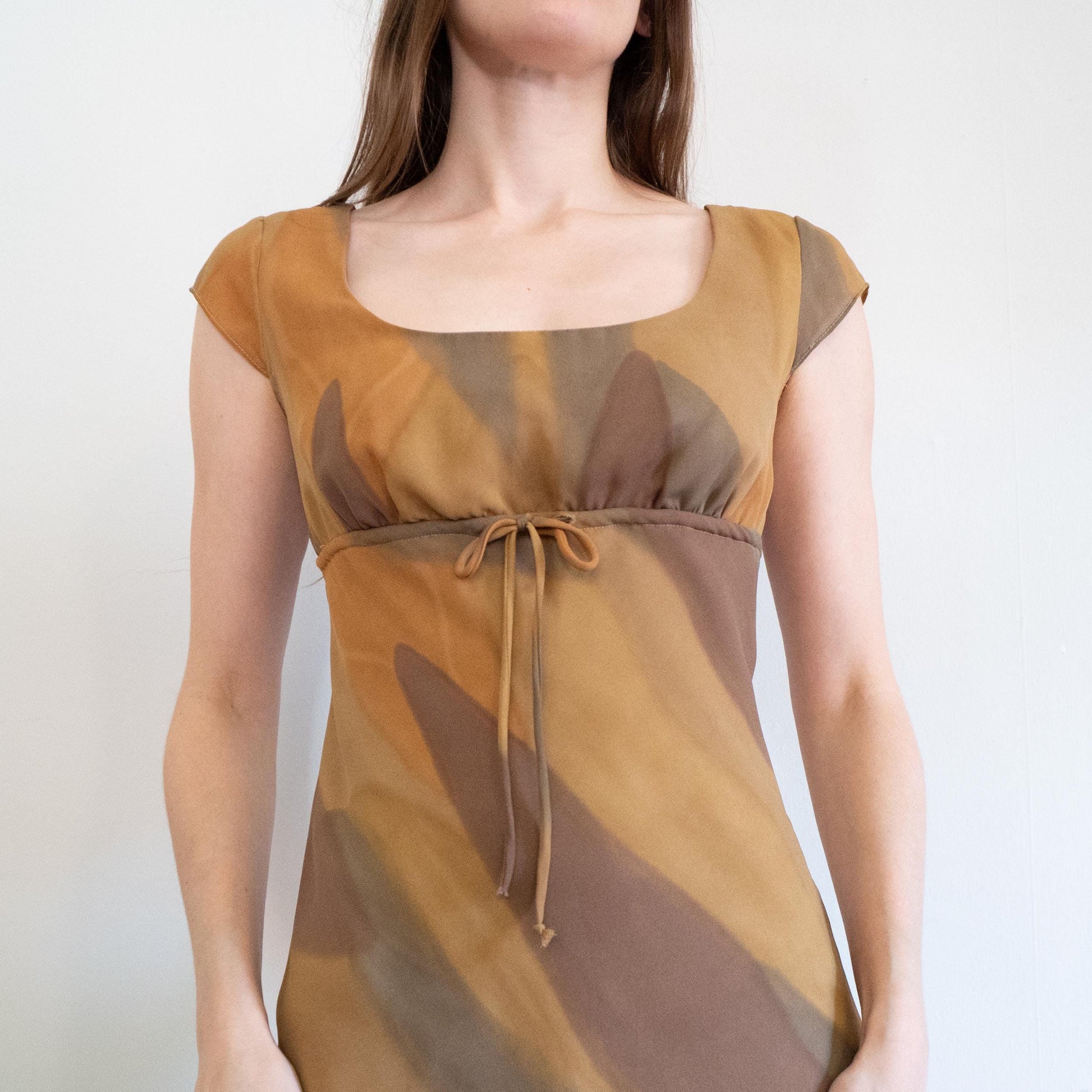 Vintage 90s Marbled Earth Tone Midi Dress - Small | Boho Cap Sleeve Abstract Print Party Dress