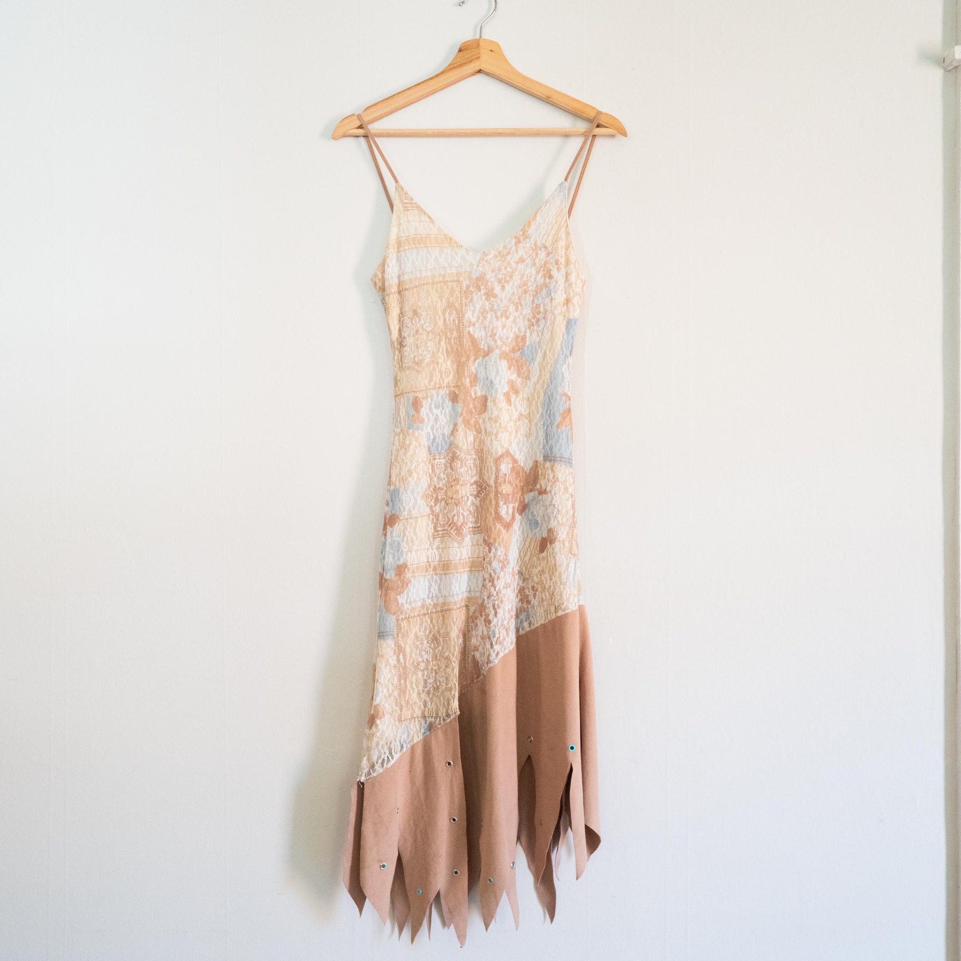 Vintage Y2K Floral Mesh Hanky Hem Fairy Dress - Small | Boho Lace & Faux Suede Midi Party Dress