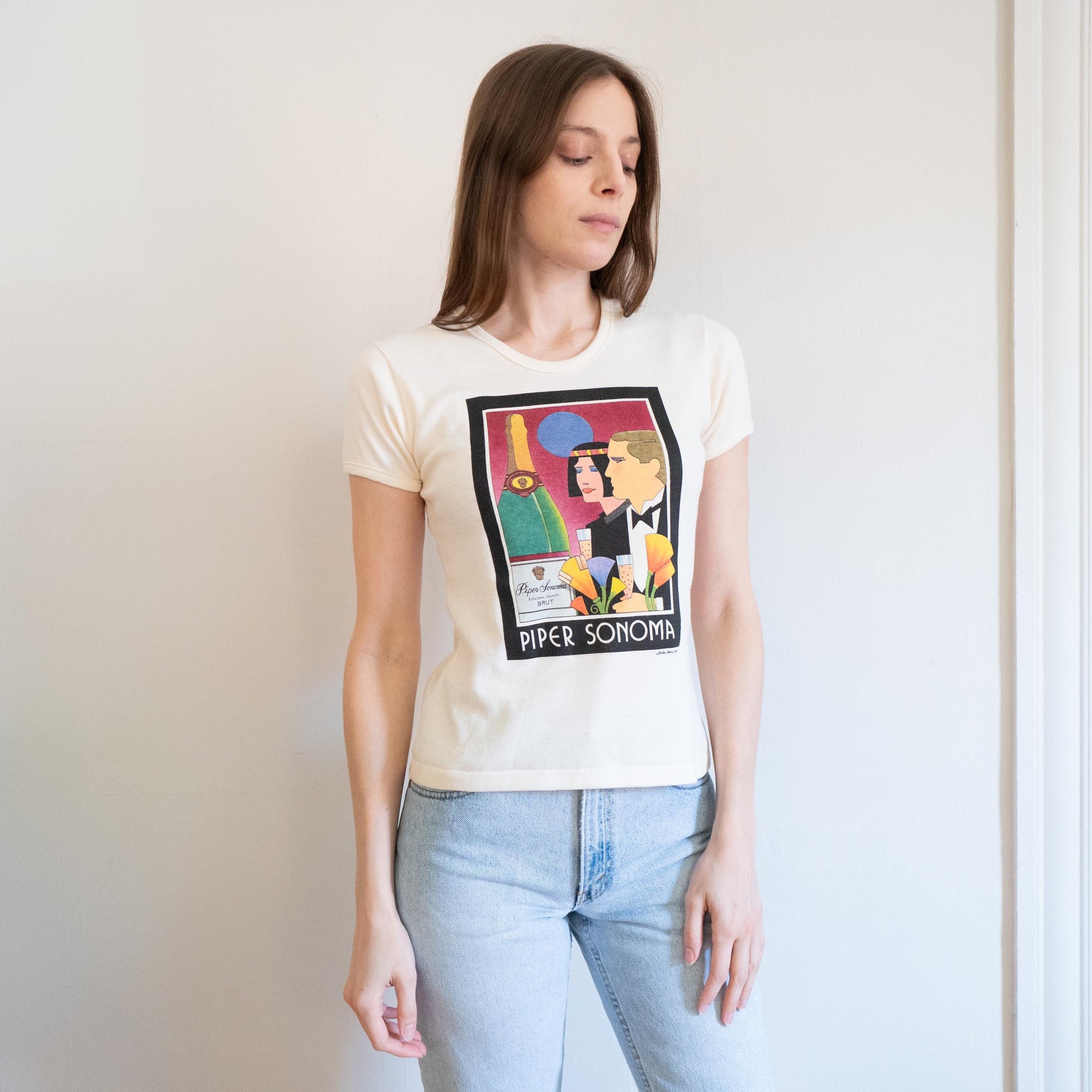 Vintage 70s 80s Piper Sonoma Brut Champagne T Shirt - Small to Medium | Retro Art Print Wine Graphic Tee