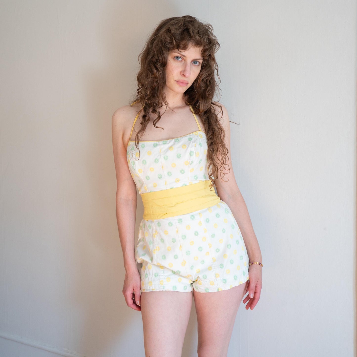 Vintage 1950s Catalina Floral Embroidered One Piece Swimsuit - Medium | Retro 50s Swimwear, White Yellow Green Bathing Suit