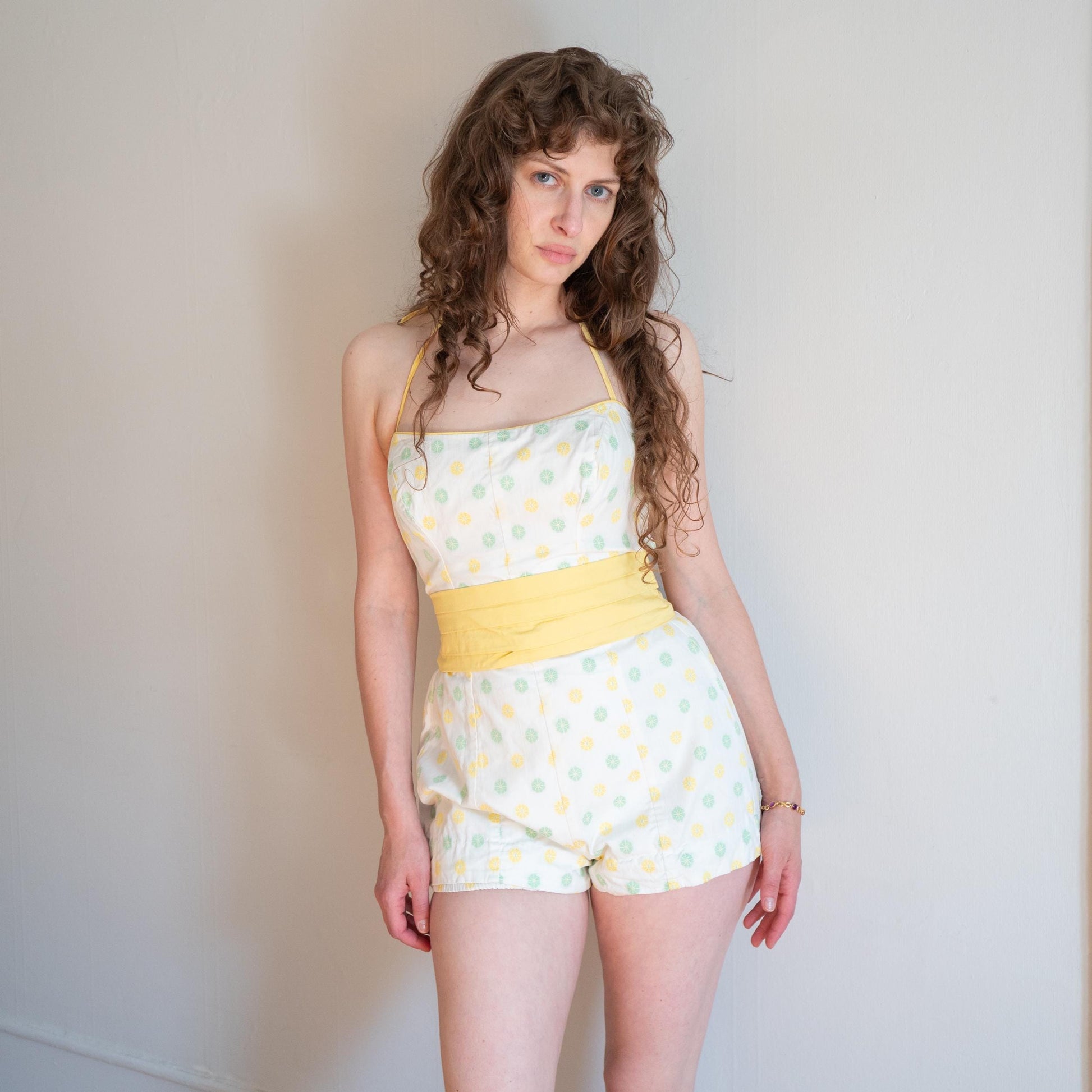 Vintage 1950s Catalina Floral Embroidered One Piece Swimsuit - Medium | Retro 50s Swimwear, White Yellow Green Bathing Suit
