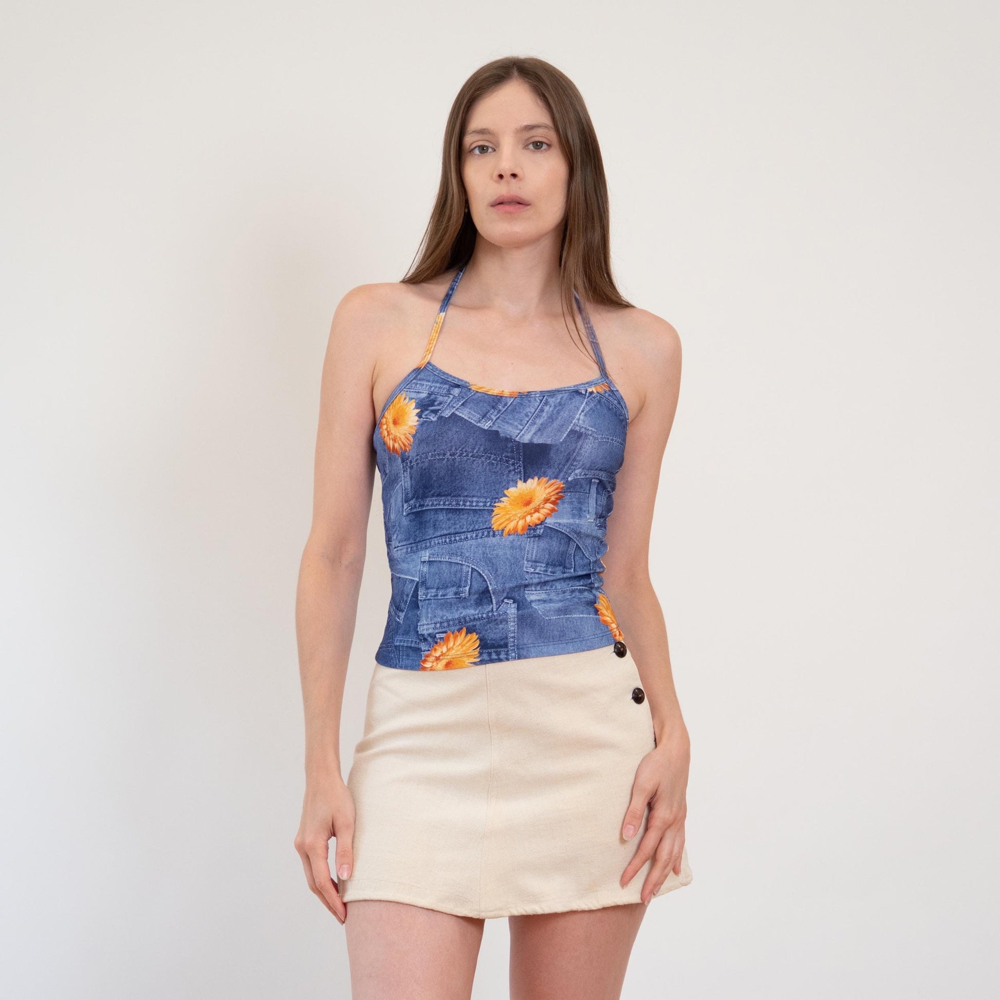 Vintage 90s Denim-Look Photo Print Halter Top - Small | Boho Floral Blue Jean Crop Top