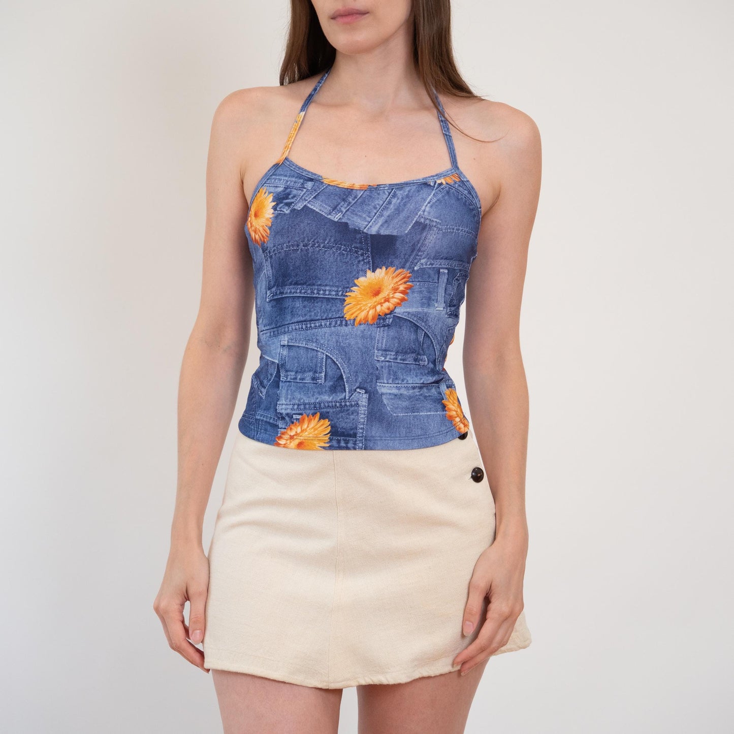Vintage 90s Denim-Look Photo Print Halter Top - Small | Boho Floral Blue Jean Crop Top