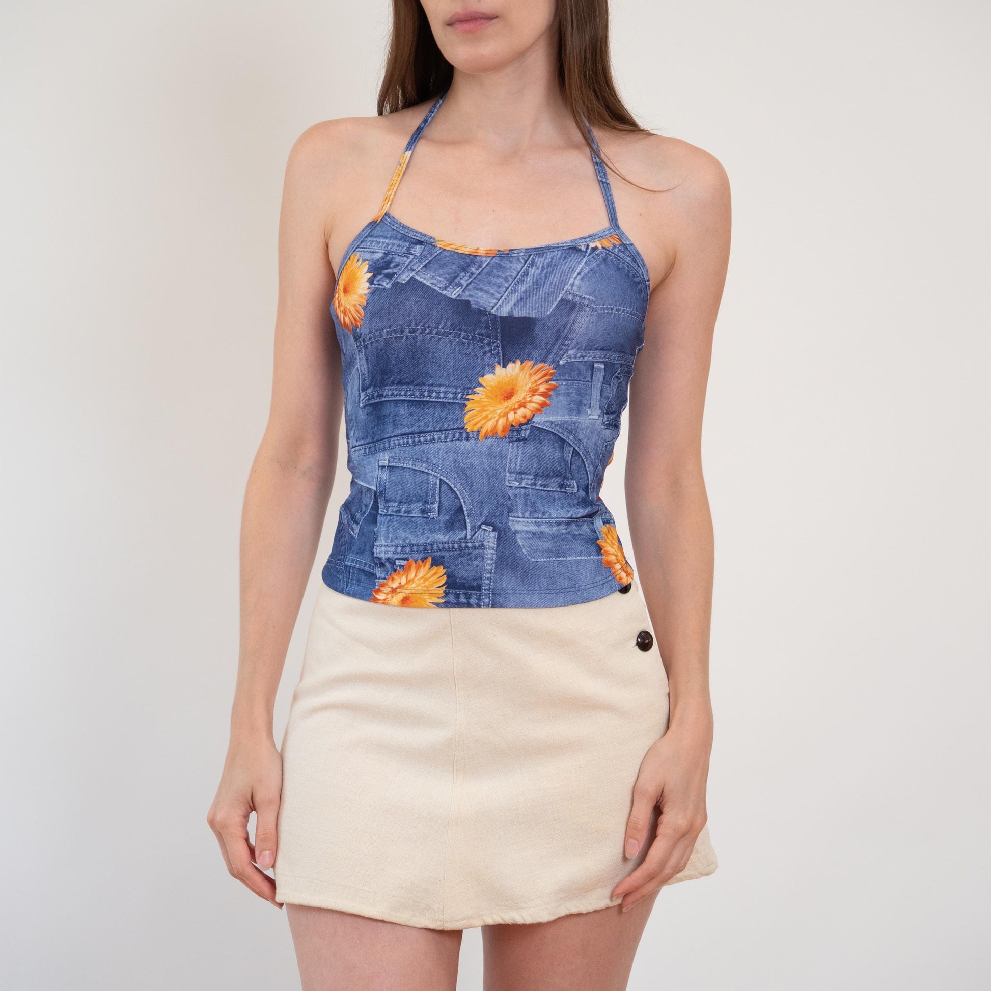 Vintage 90s Denim-Look Photo Print Halter Top - Small | Boho Floral Blue Jean Crop Top