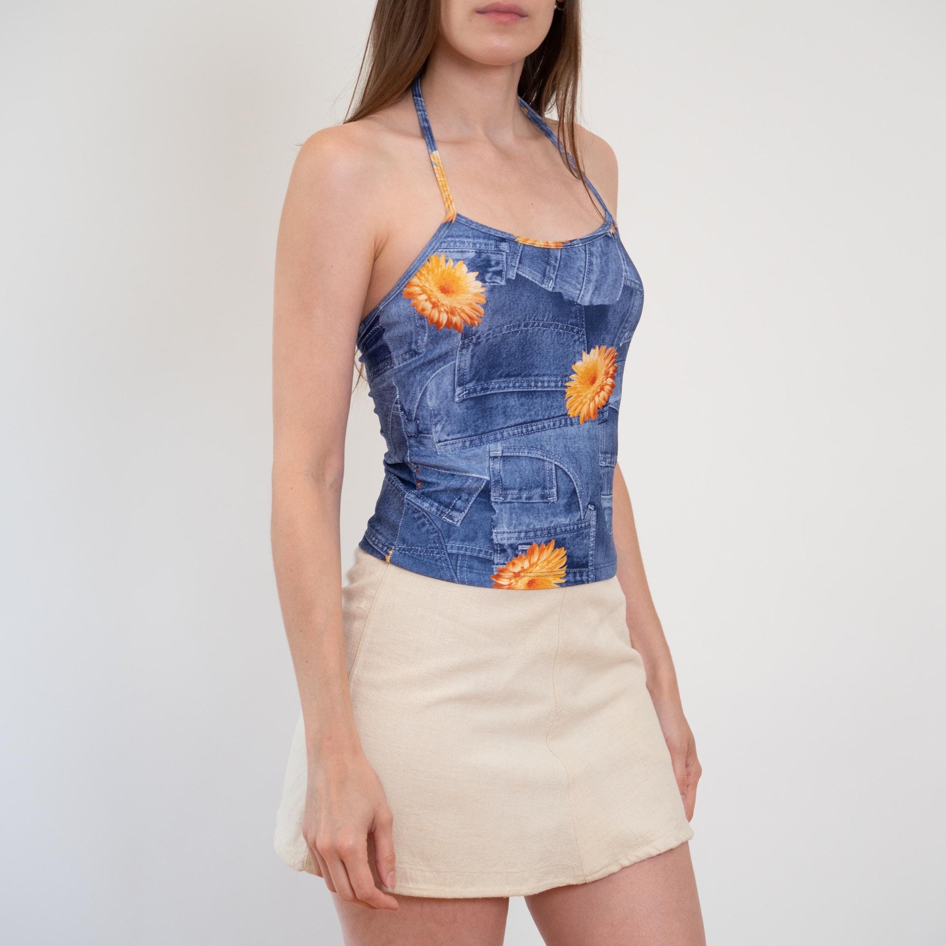Vintage 90s Denim-Look Photo Print Halter Top - Small | Boho Floral Blue Jean Crop Top