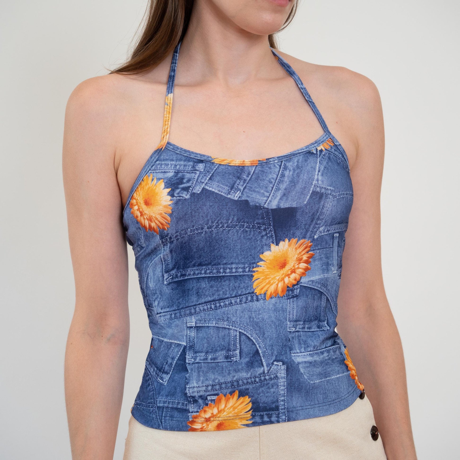 Vintage 90s Denim-Look Photo Print Halter Top - Small | Boho Floral Blue Jean Crop Top