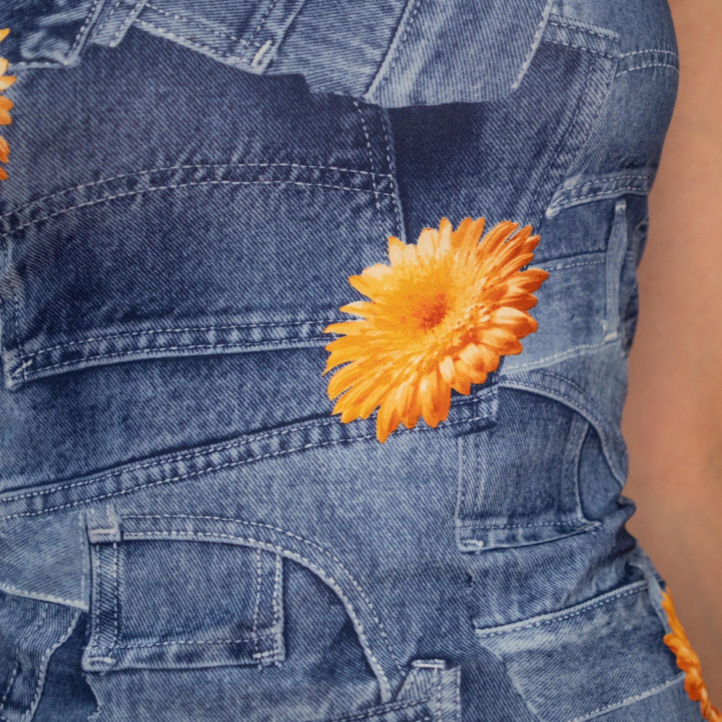 Vintage 90s Denim-Look Photo Print Halter Top - Small | Boho Floral Blue Jean Crop Top