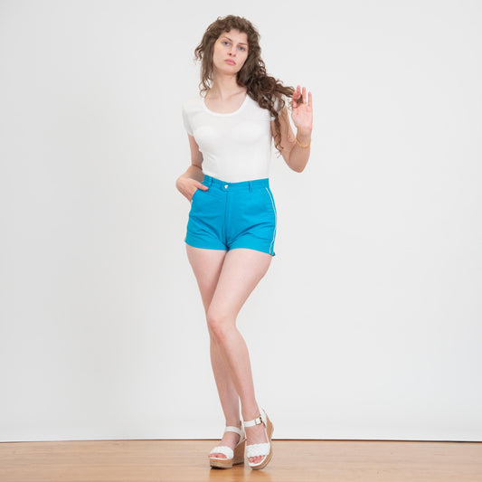 Vintage 70s Bright Blue Racing Stripe Shorts - Small, 27" Waist | High Waisted Cheeky Hot Pants
