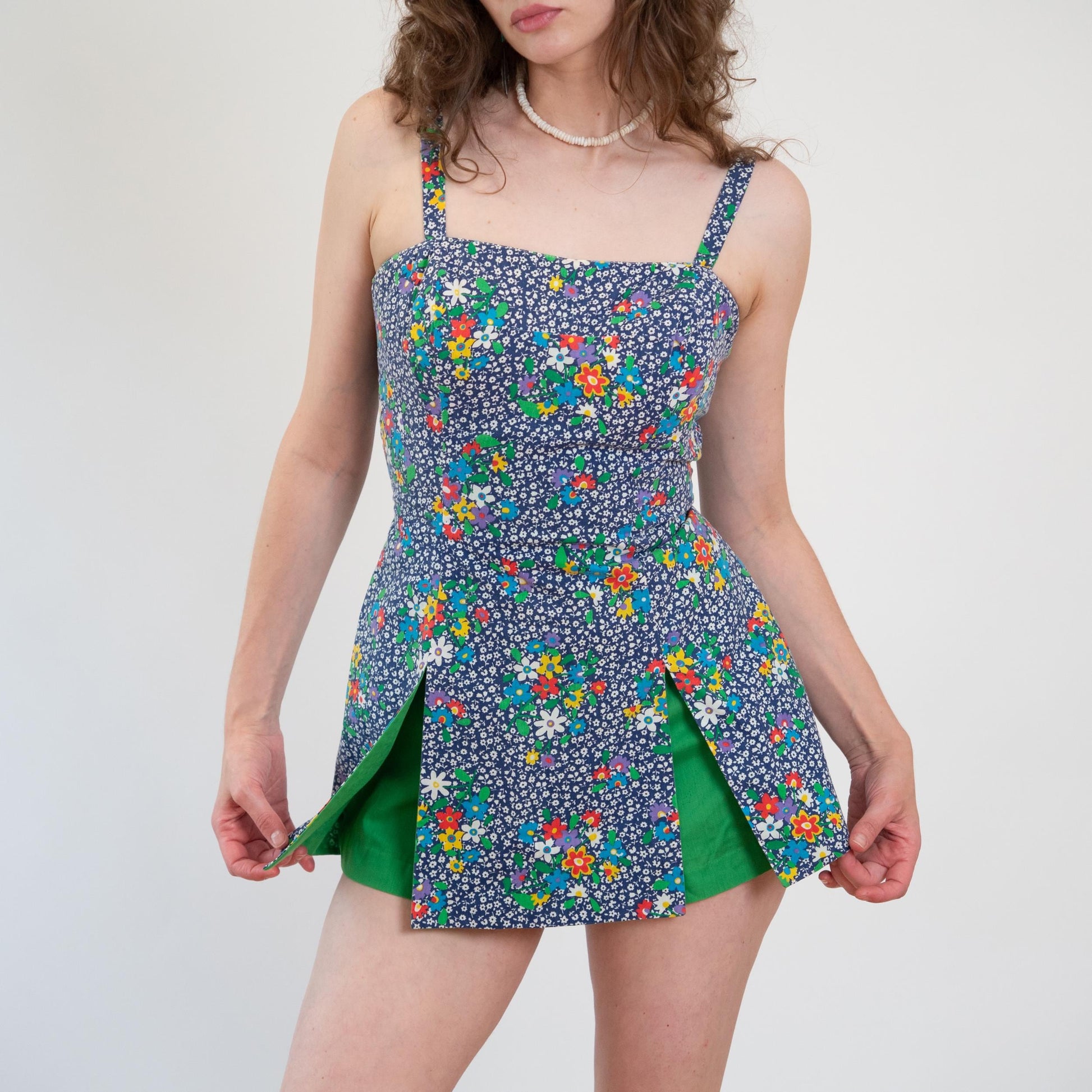 Vintage 60s 70s Blue Floral Romper Playsuit - Medium | Retro Pinup Swimsuit Sunsuit