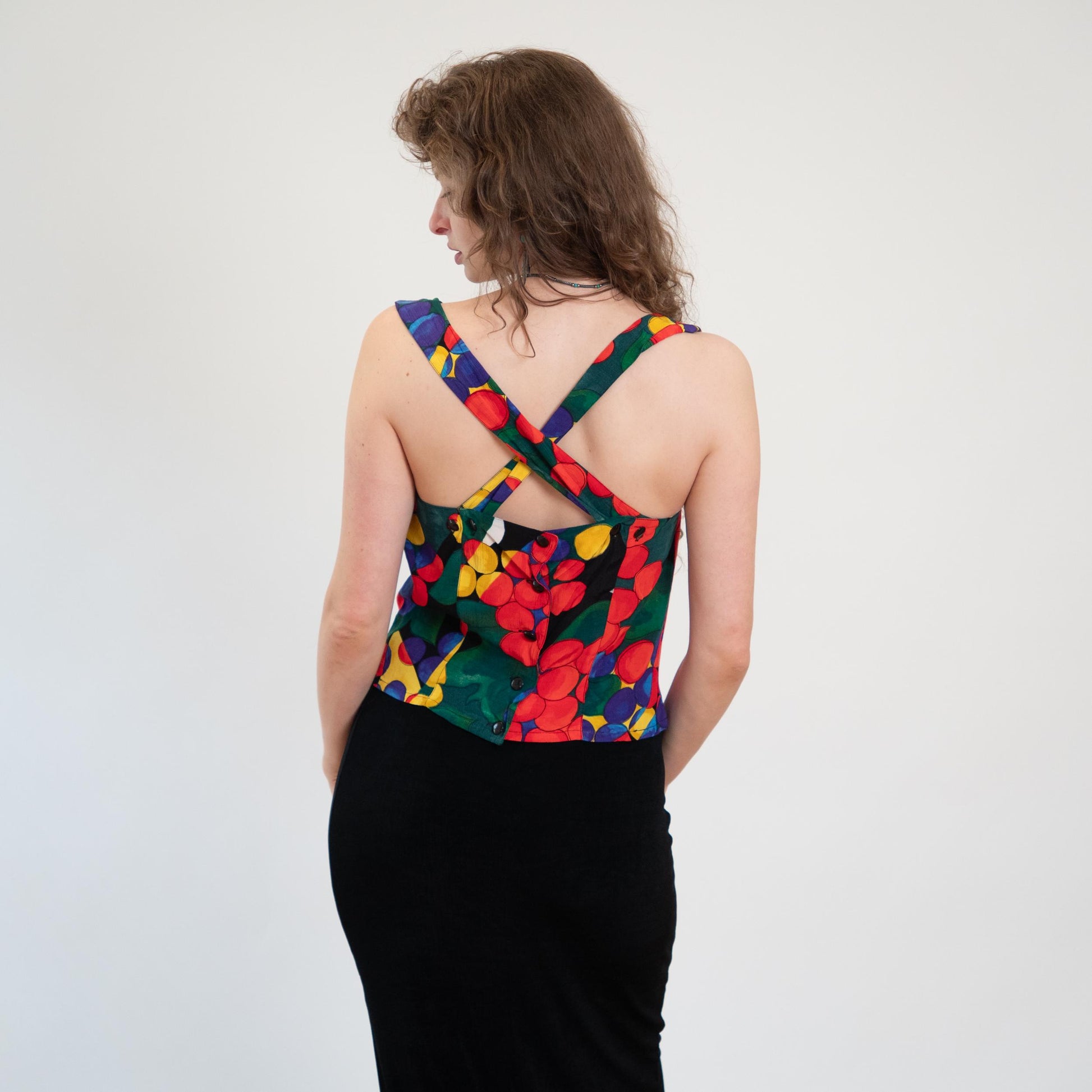 Vintage 90s Abstract Fruit Print Cross Back Top - Medium | Boho Red Green Button Back Tank