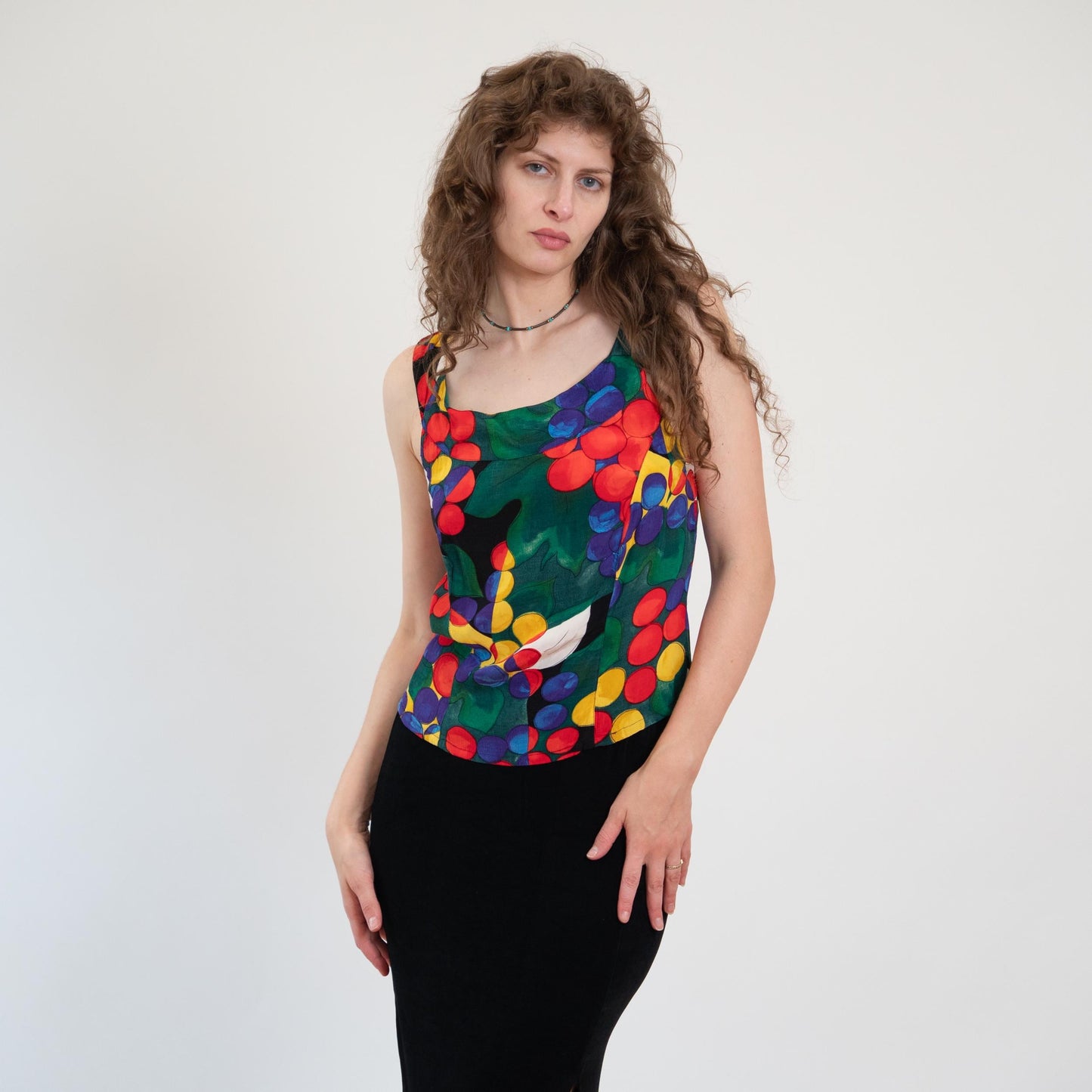 Vintage 90s Abstract Fruit Print Cross Back Top - Medium | Boho Red Green Button Back Tank
