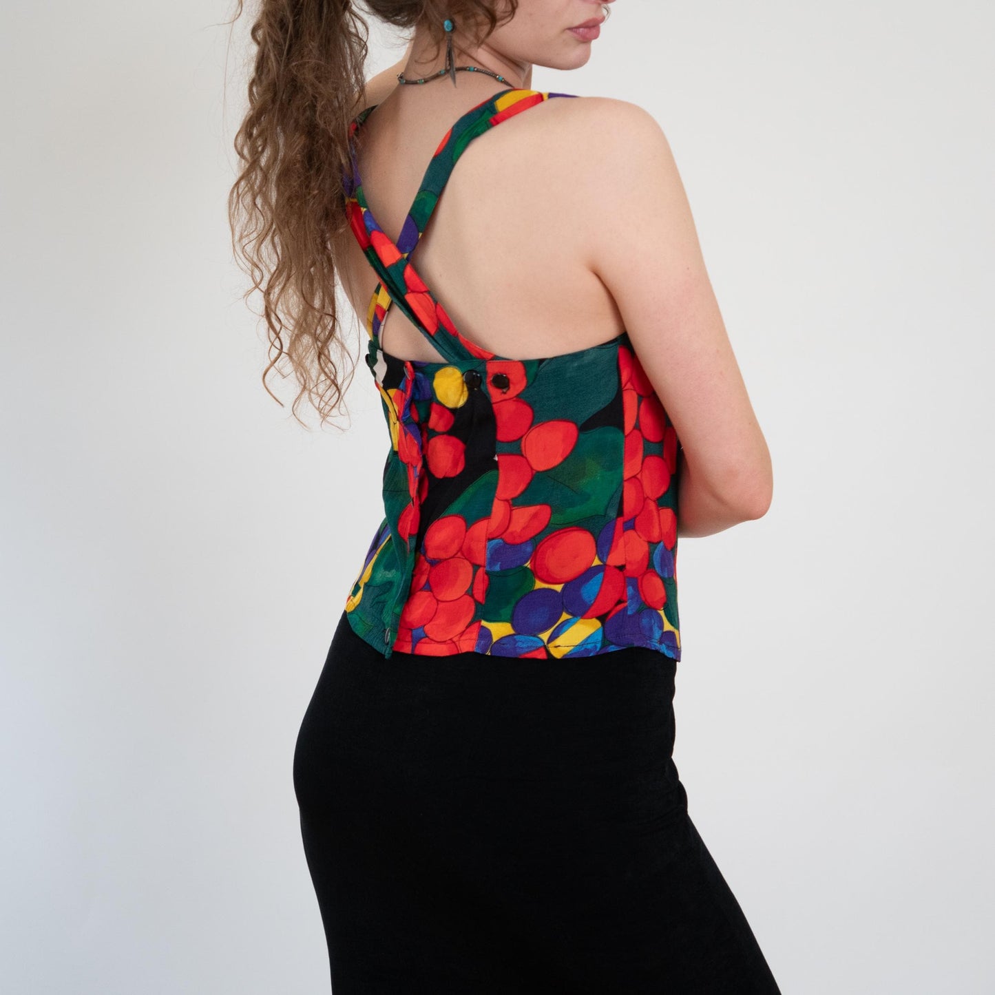 Vintage 90s Abstract Fruit Print Cross Back Top - Medium | Boho Red Green Button Back Tank