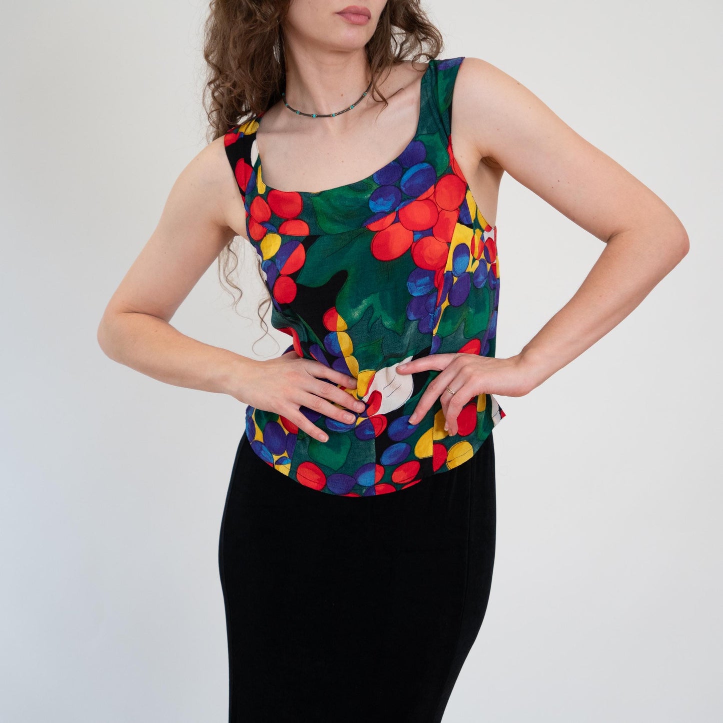Vintage 90s Abstract Fruit Print Cross Back Top - Medium | Boho Red Green Button Back Tank