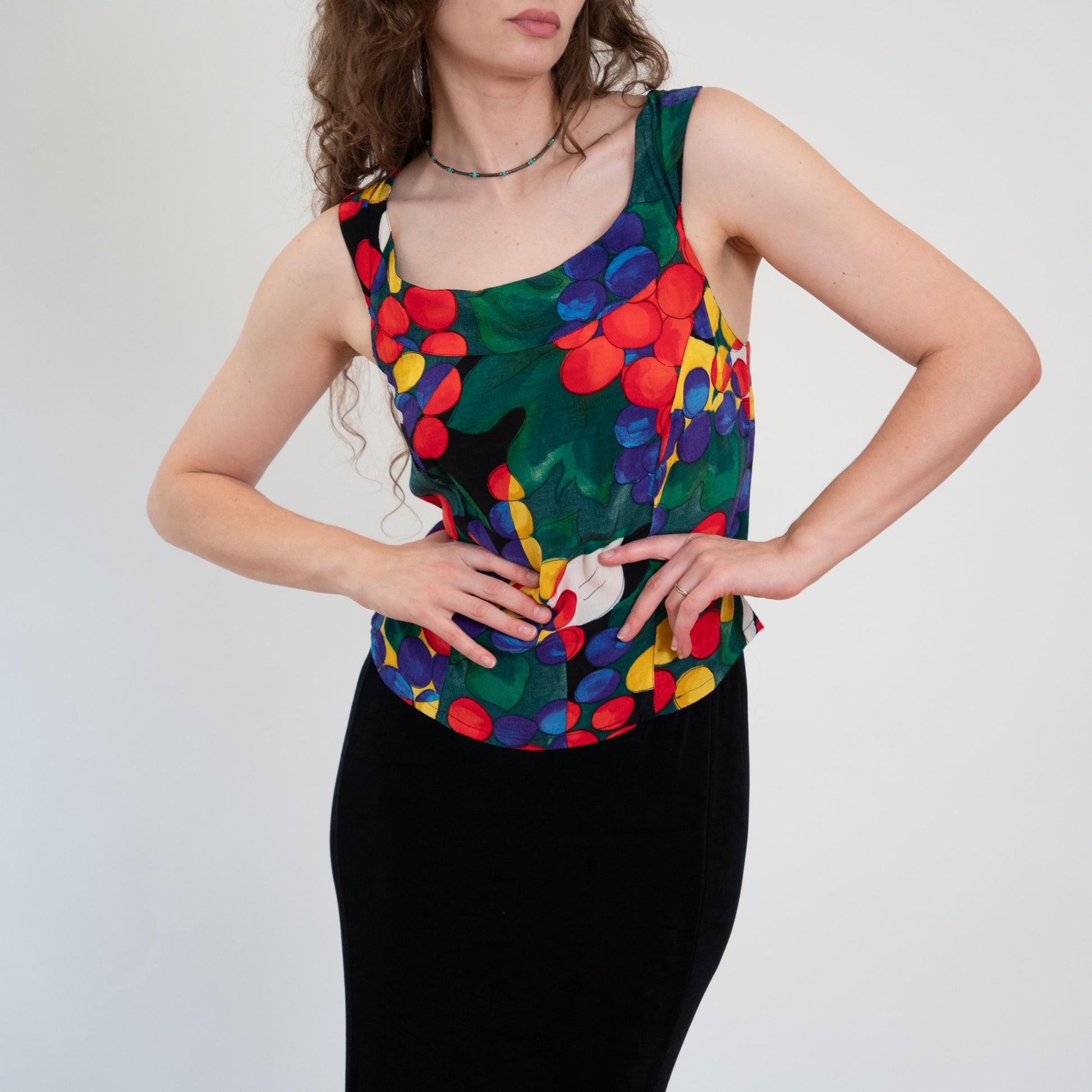 Vintage 90s Abstract Fruit Print Cross Back Top - Medium | Boho Red Green Button Back Tank